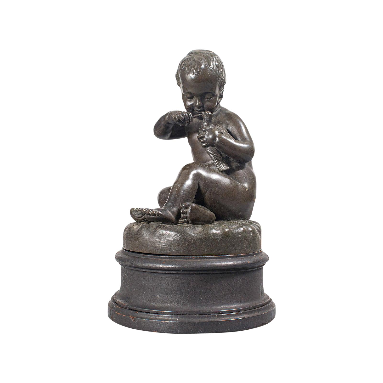 Antique Putto Statue, French, Bronze, Cherub Figure, Late 19th Century