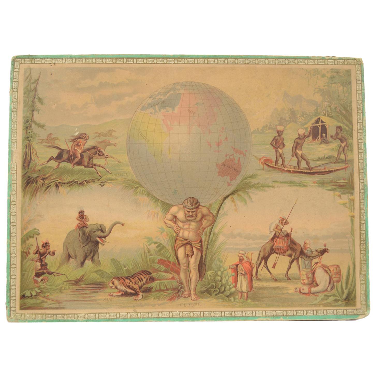 Antique Puzzle of Colored Cardboard Depicting World Map, Europe and France For Sale 4