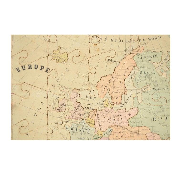 Mid-19th Century Antique Puzzle of Colored Cardboard Depicting World Map, Europe and France For Sale