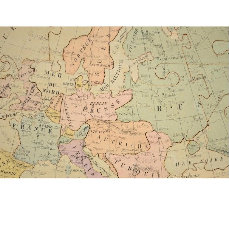 Paper Antique Puzzle of Colored Cardboard Depicting World Map, Europe and France For Sale