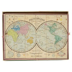 Antique Puzzle of Colored Cardboard Depicting World Map, Europe and France