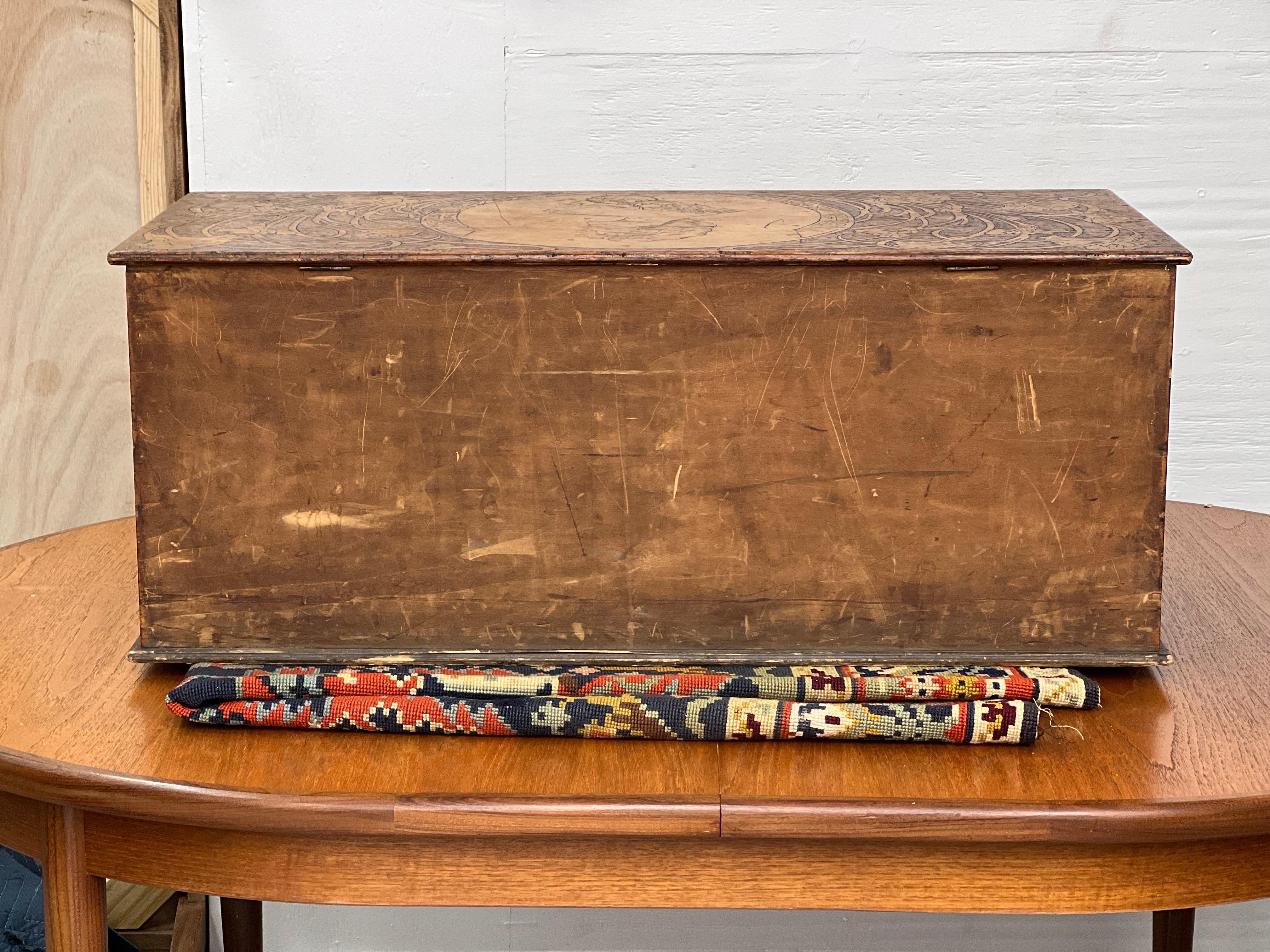 Antique Pyrography Blanket Storage Chest In Good Condition For Sale In Seattle, WA