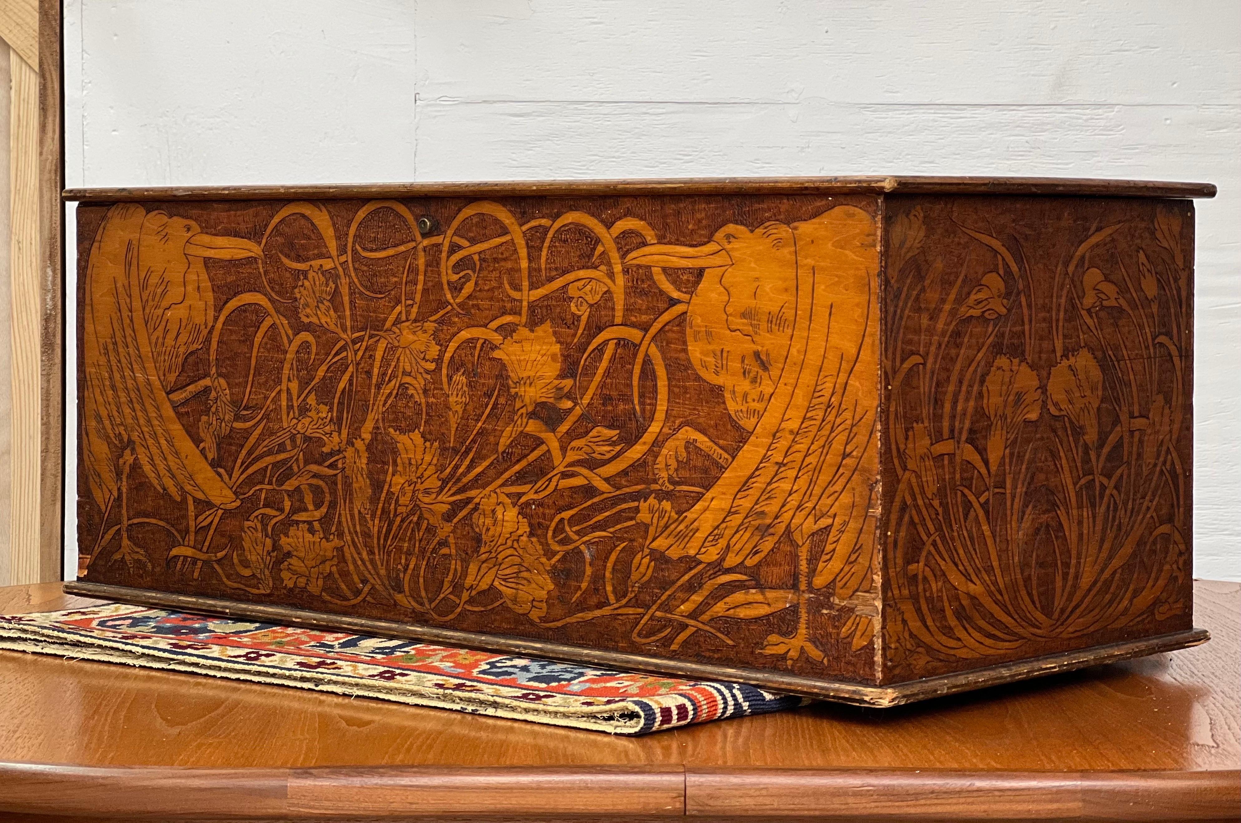 Early 20th Century Antique Pyrography Blanket Storage Chest For Sale