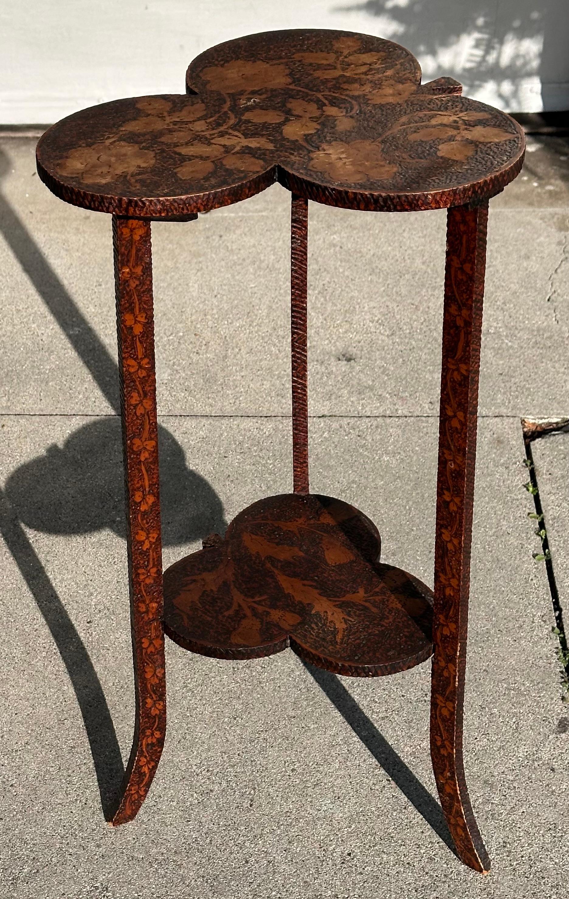 Early 20th Century Antique Pyrography Clover Form Two Tiered Side Table