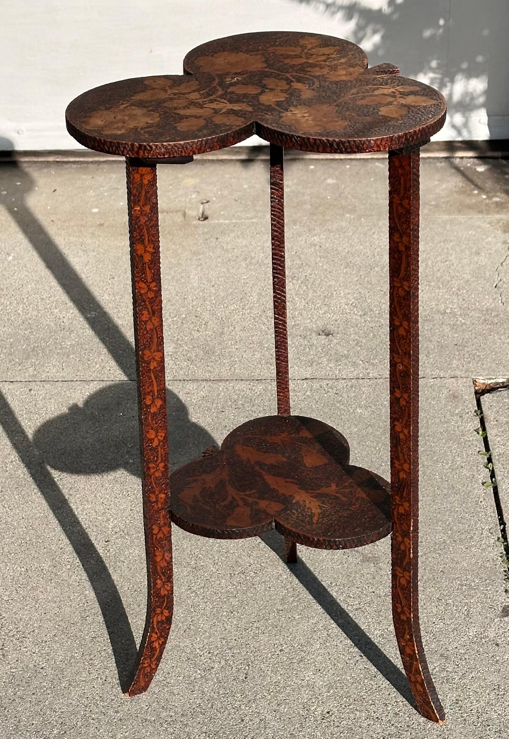 Wood Antique Pyrography Clover Form Two Tiered Side Table