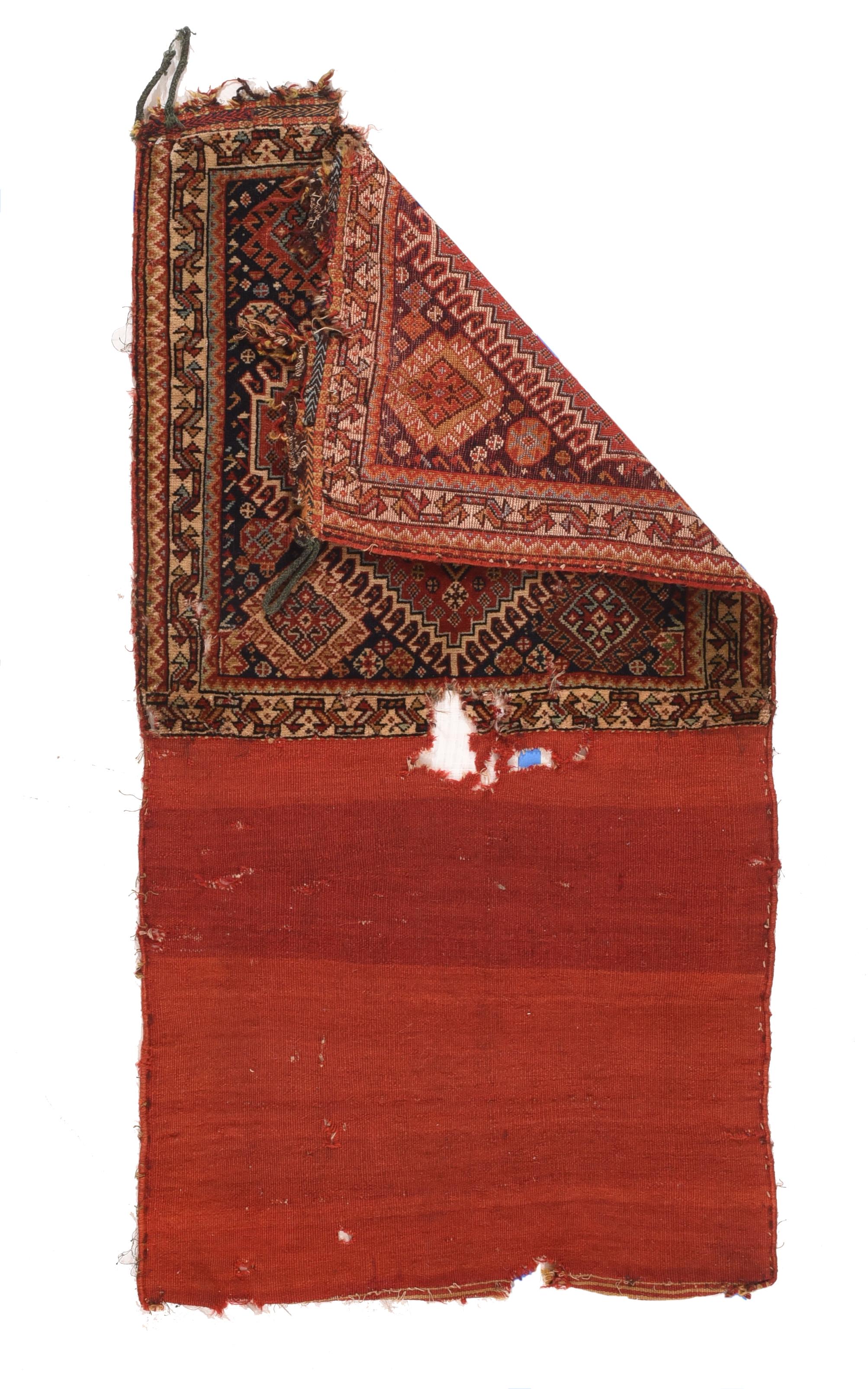 Antique Qashqai Back Face 2'2'' x 4'4''. Although in rough condition, this well-woven SW Persian tribal artefact shows the iconic stepped, hooked red octagonal medallion with an ivory rosette volute central knot and four straw lozenges in the