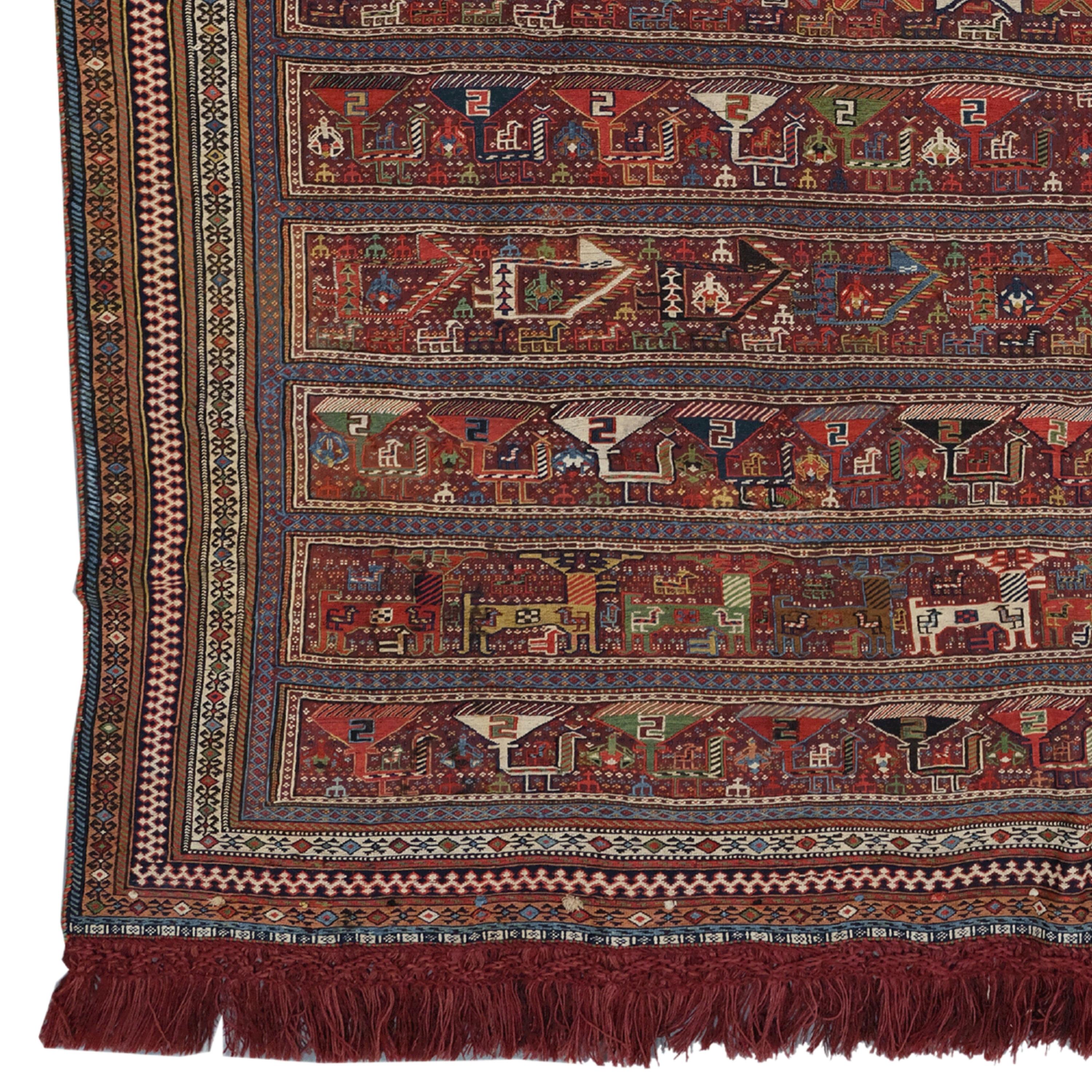 A QASHQAI HORSE COVER
Size: 148×155 cm

In the tribal cultures of Azerbaijan and the Caucasus, the flat-woven horse blanket (jol-i asb) has both ceremonial and practical purposes. As well as protecting horses from the cold, they soak up perspiration