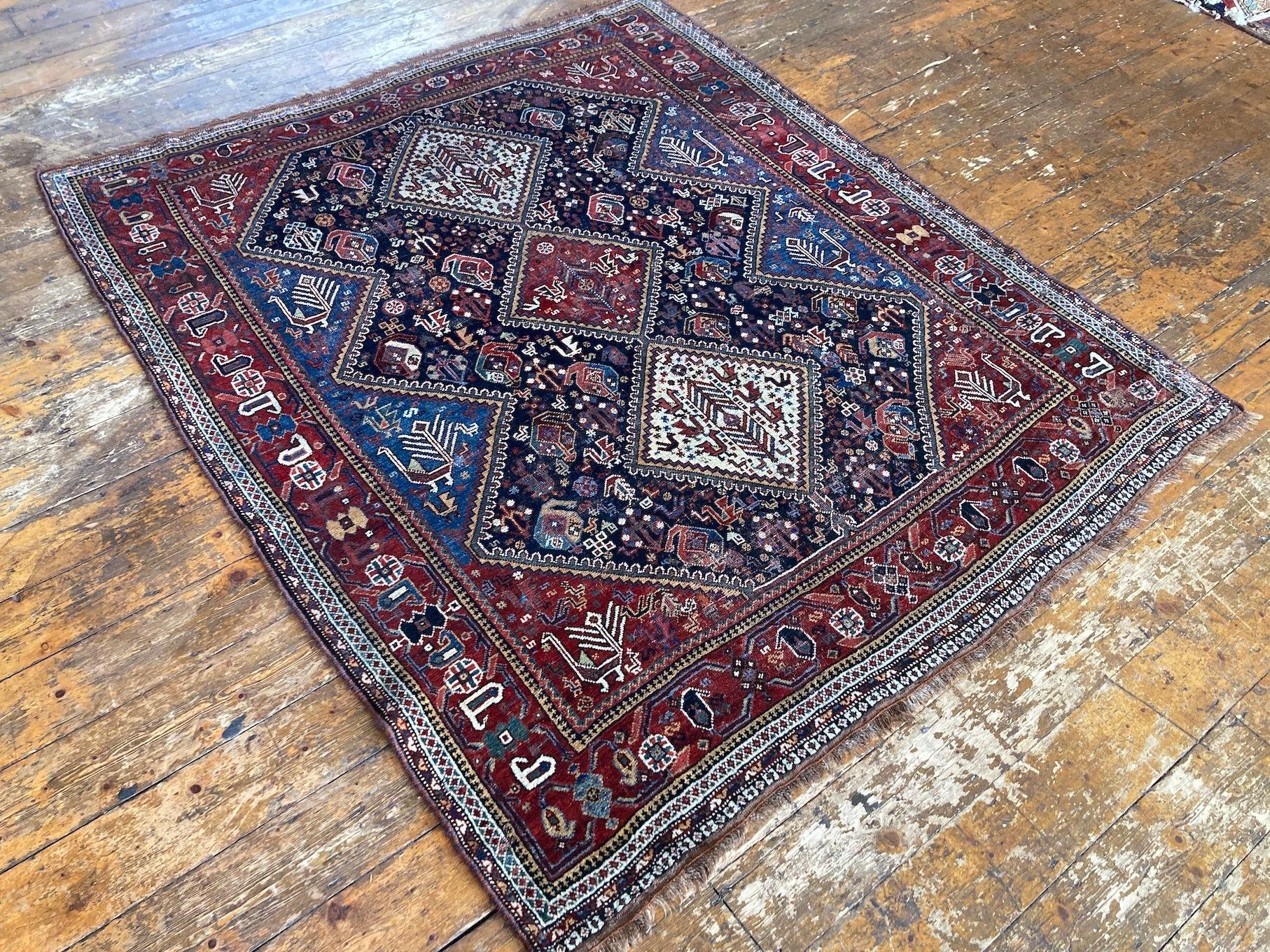 Early 20th Century Antique Qashqai Rug 1.90m 1.57m For Sale