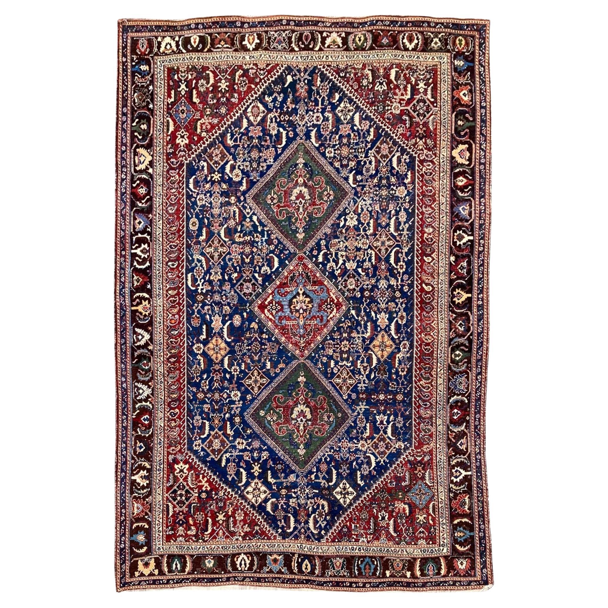 Tapis Qashqai ancien de 2,62 m x 1,57 m en vente
