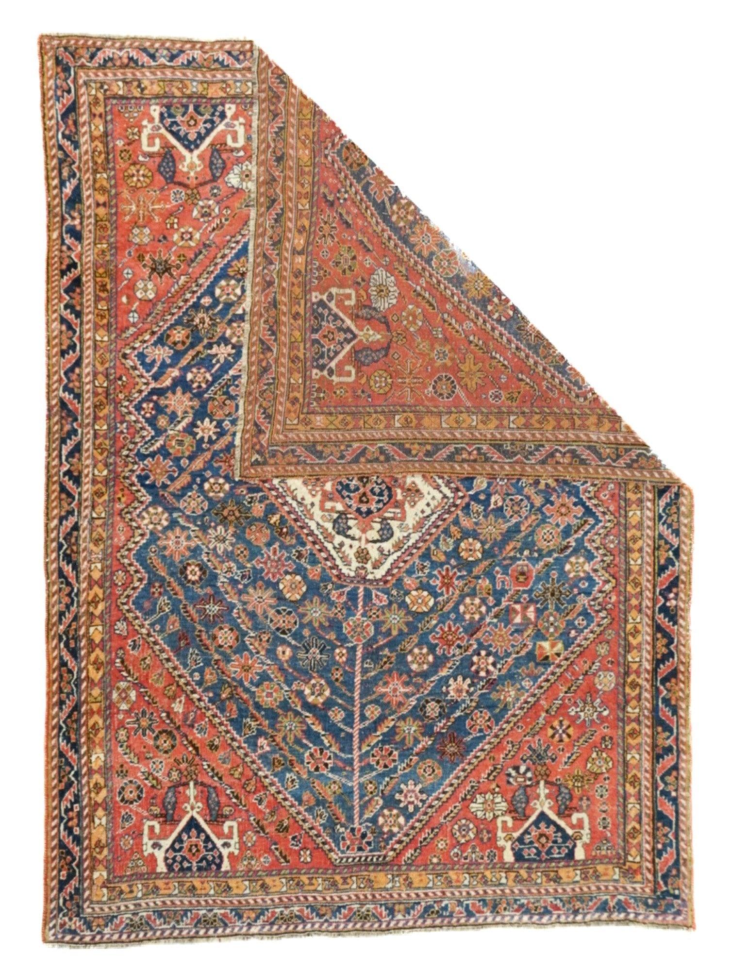 Antique Qashqai Rug 4'9'' x 6'8''. The best SW Persian, Fars Province nomadic rugs, mostly in scatter formats. Geometric Gabbehs, lion rugs, adapted Persian curvilinear styles. Some well-woven prayer rugs. All-wool constructions. Geometric kilims