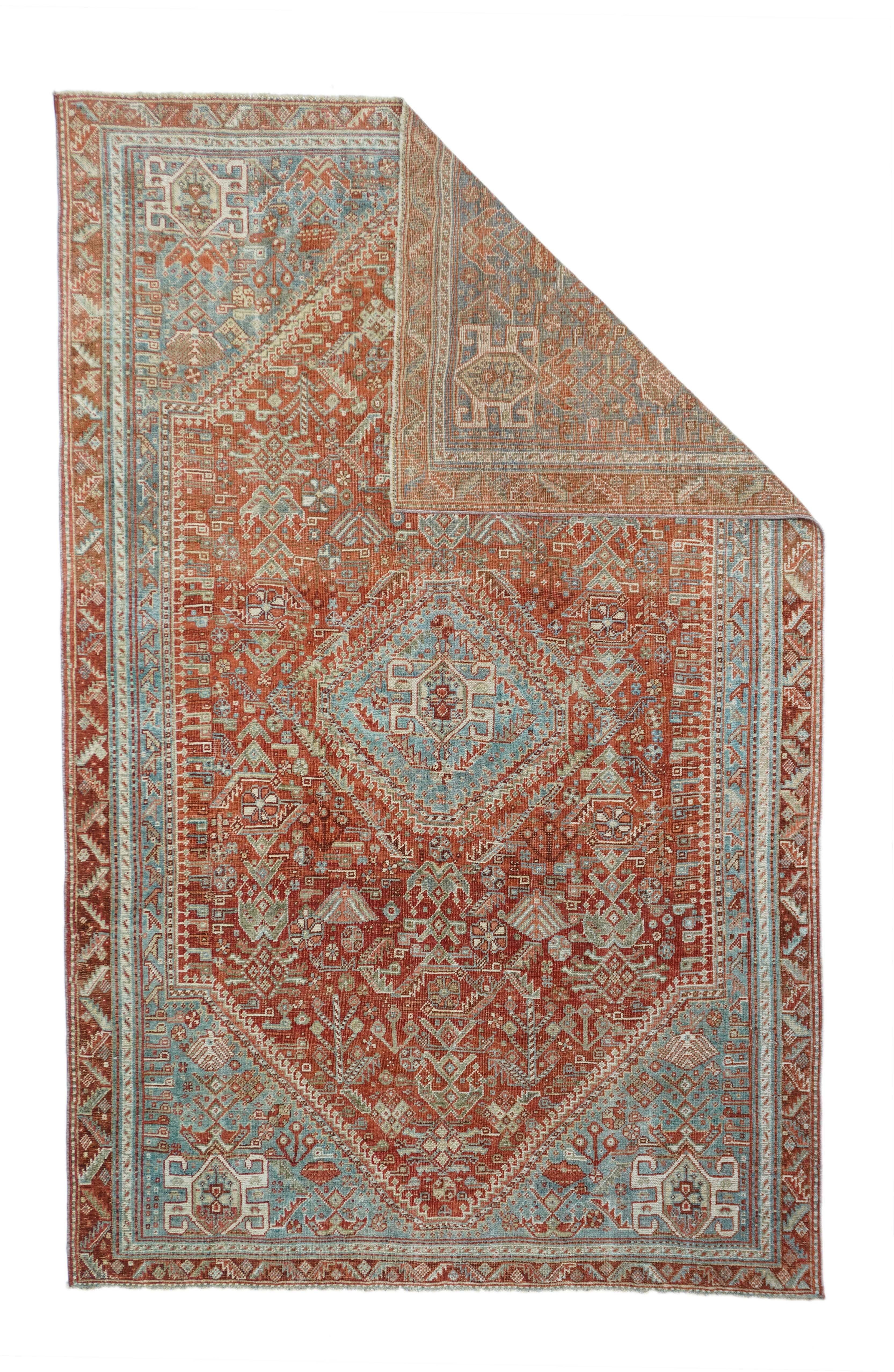 Antique Qashqai Rug 5'2'' x 8'3''. SW Persian, Fars Province, tribal large scatter with a light greyish-blue field supporting a red hexagonal subfield with an internal nail-head fringe. Qashghai 