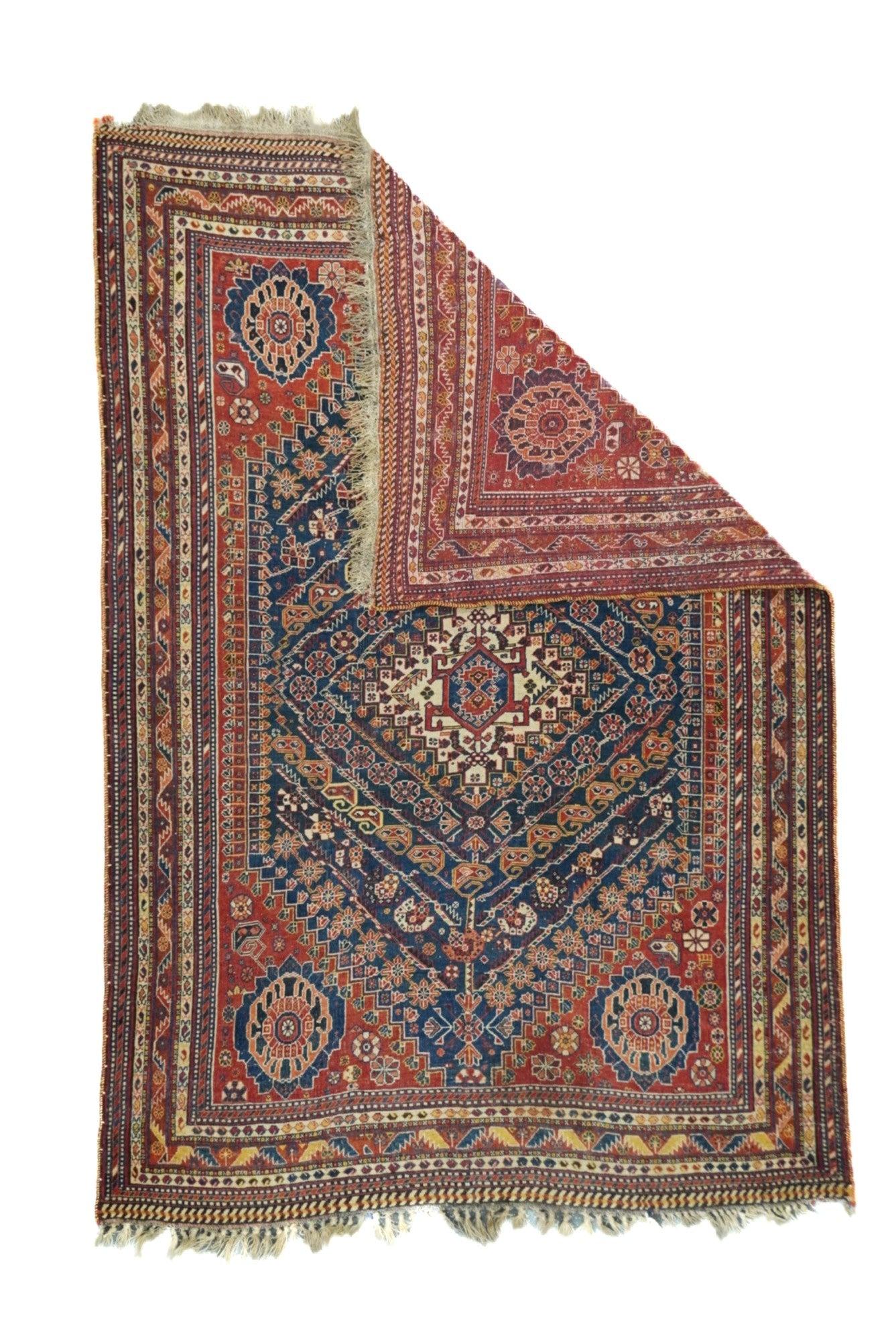 Antique Qashqai Rug 5'4'' x 7'10''. The best SW Persian, Fars Province nomadic rugs, mostly in scatter formats. Geometric Gabbehs, lion rugs, adapted Persian curvilinear styles. Some well-woven prayer rugs. All-wool constructions. Geometric kilims