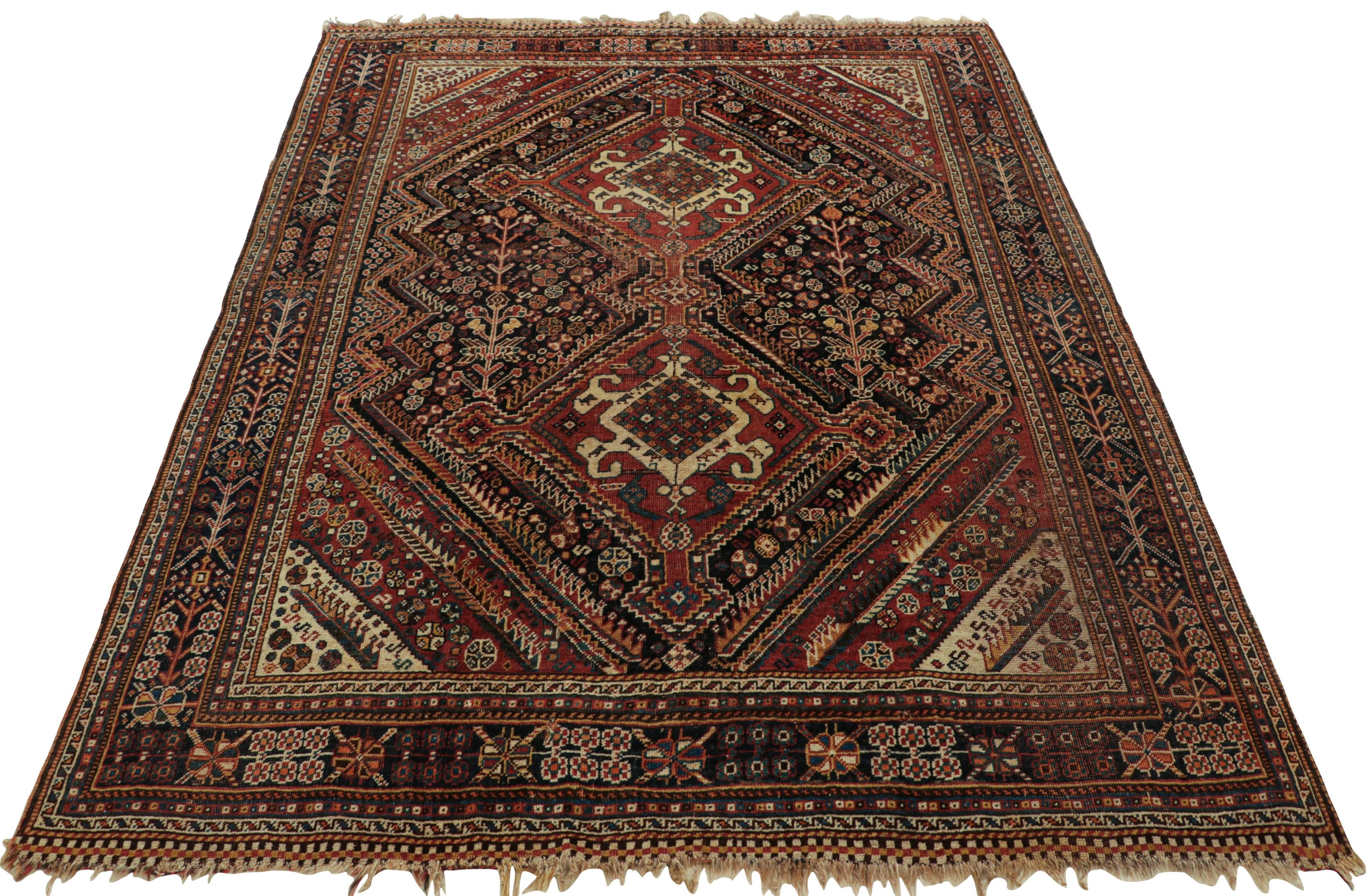 Hand-Knotted Antique Qashqai Rug in Red and Black with Medallions by Rug and Kilim For Sale
