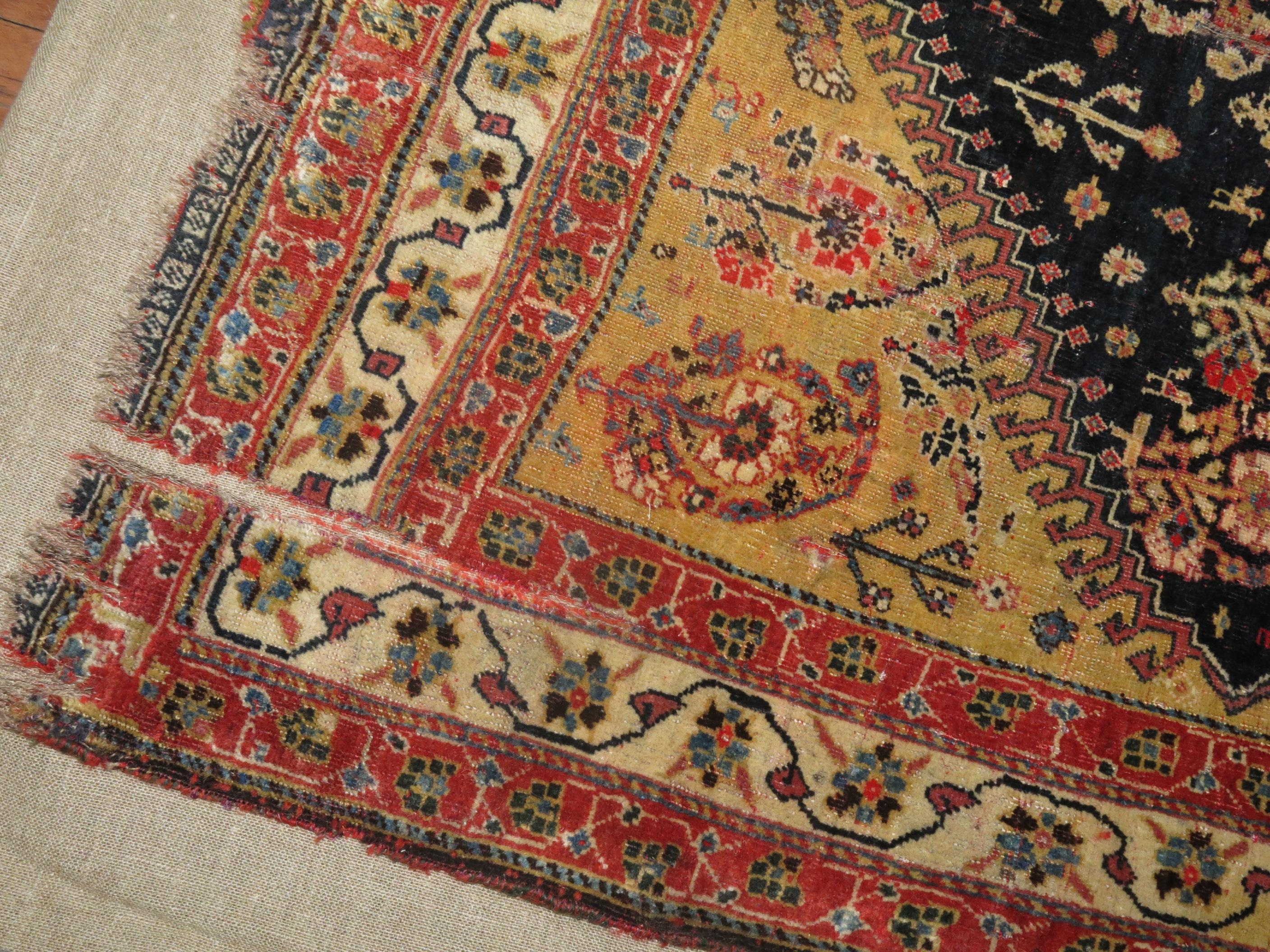 Antique Qashqai Rug Stitched on Linen In Distressed Condition For Sale In New York, NY