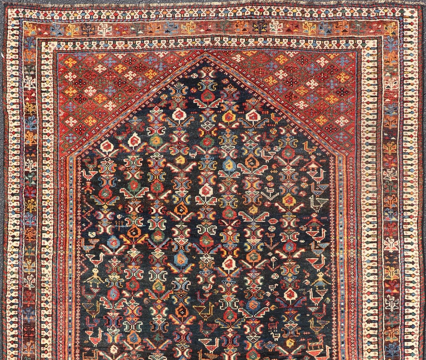 Antique Qashqai Tribal Rug With Medallion in Blue and Red 5'7 x 8'10 For Sale 3