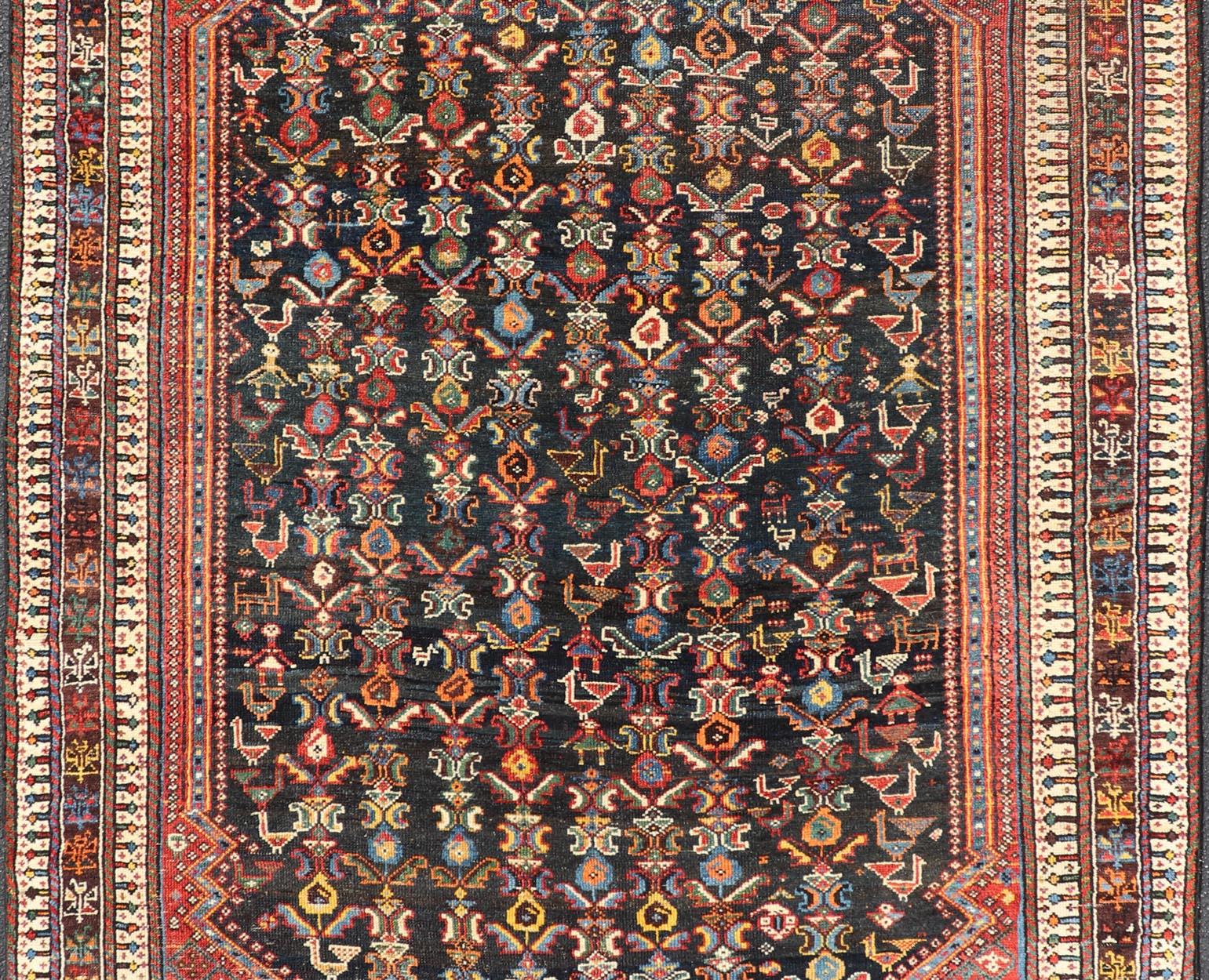 Antique Qashqai Tribal Rug With Medallion in Blue and Red 5'7 x 8'10 For Sale 4