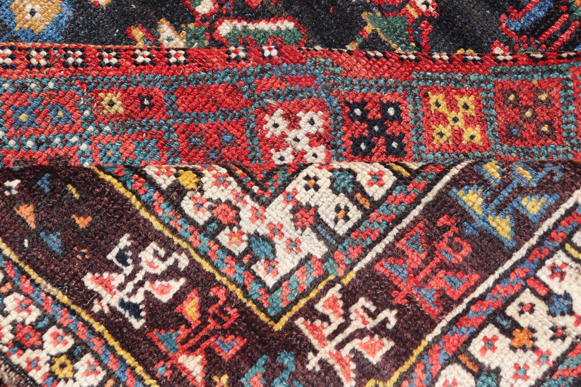 Antique Qashqai Tribal Rug With Medallion in Blue and Red 5'7 x 8'10 For Sale 7