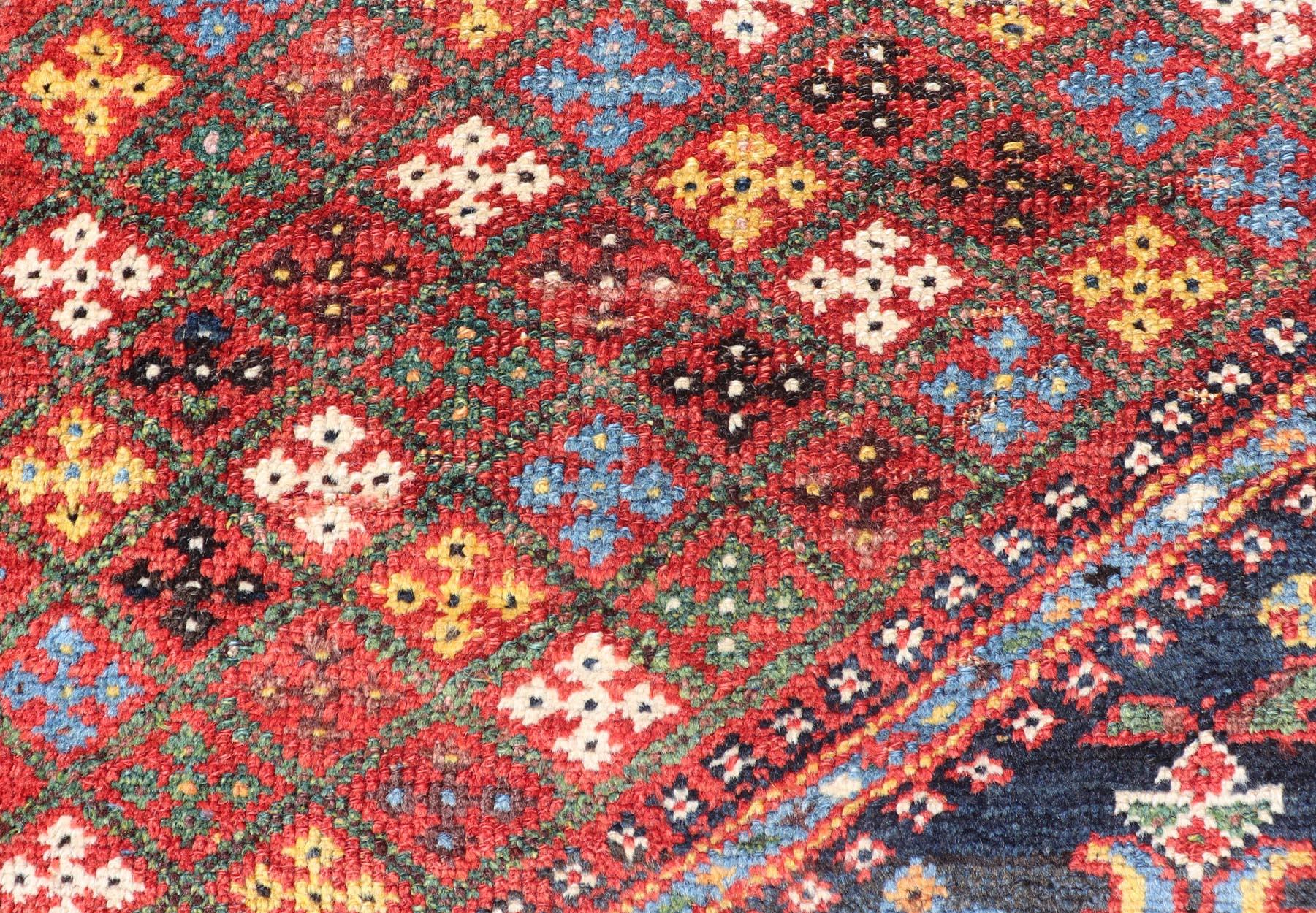 Antique Qashqai Tribal Rug With Medallion in Blue and Red 5'7 x 8'10 For Sale 1