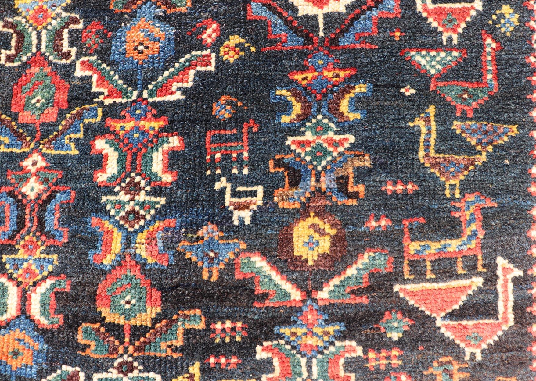 Antique Qashqai Tribal Rug With Medallion in Blue and Red 5'7 x 8'10 For Sale 2