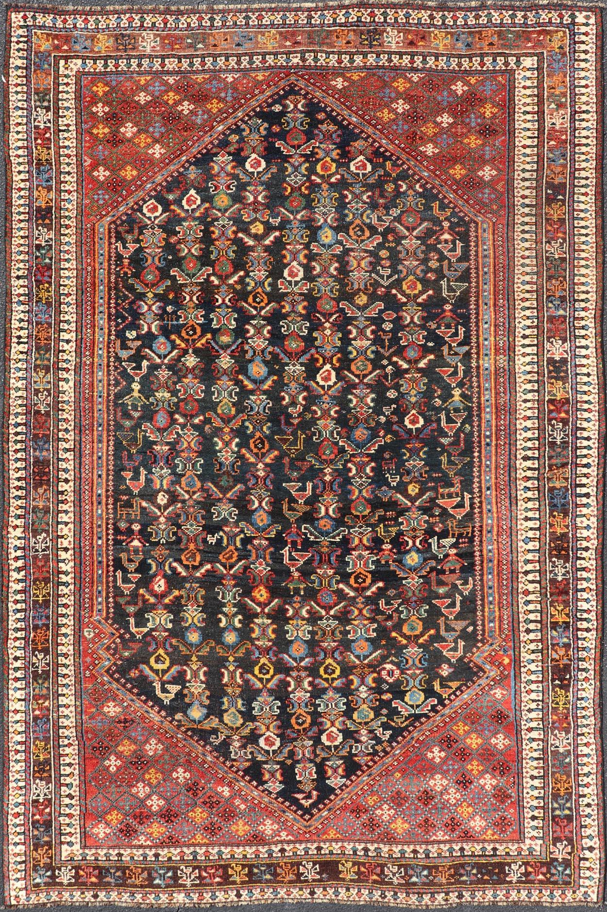 Antique Qashqai Tribal Rug With Medallion in Blue and Red 5'7 x 8'10