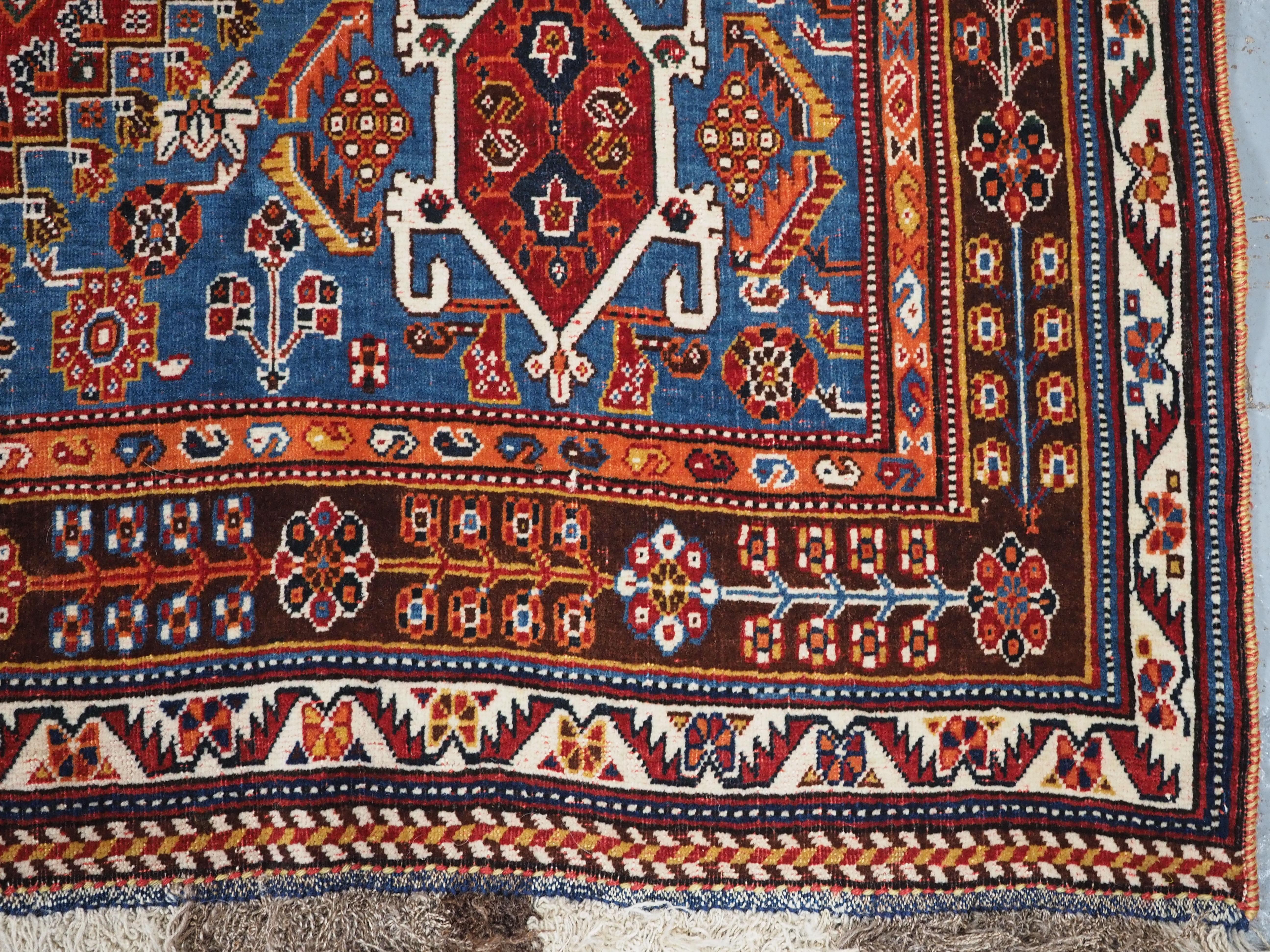Antique Qashqai tribal rug with small central medallion.  Circa 1890. For Sale 9
