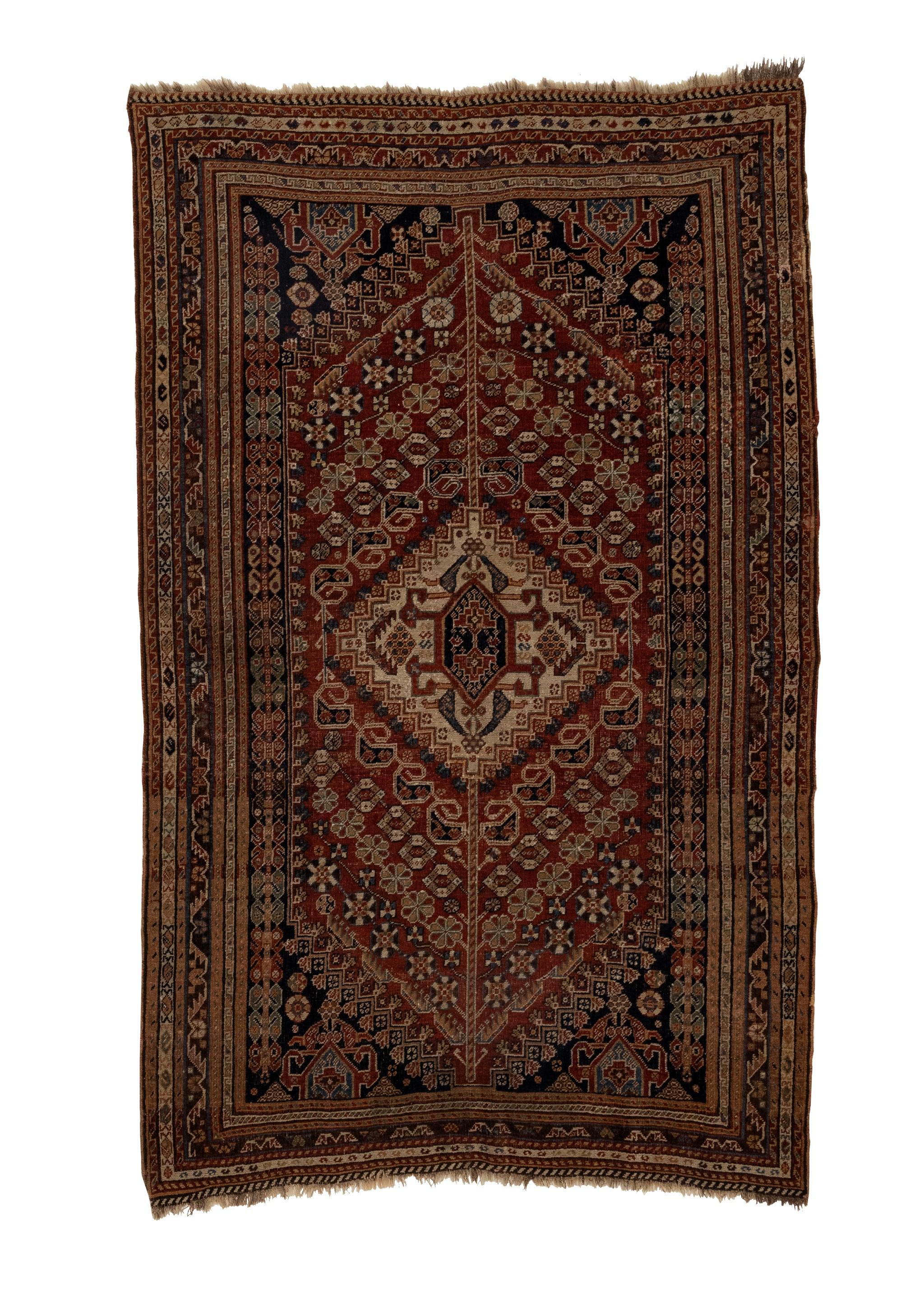 Wool Antique Qashqai Tribal with Central Medallion Rug For Sale