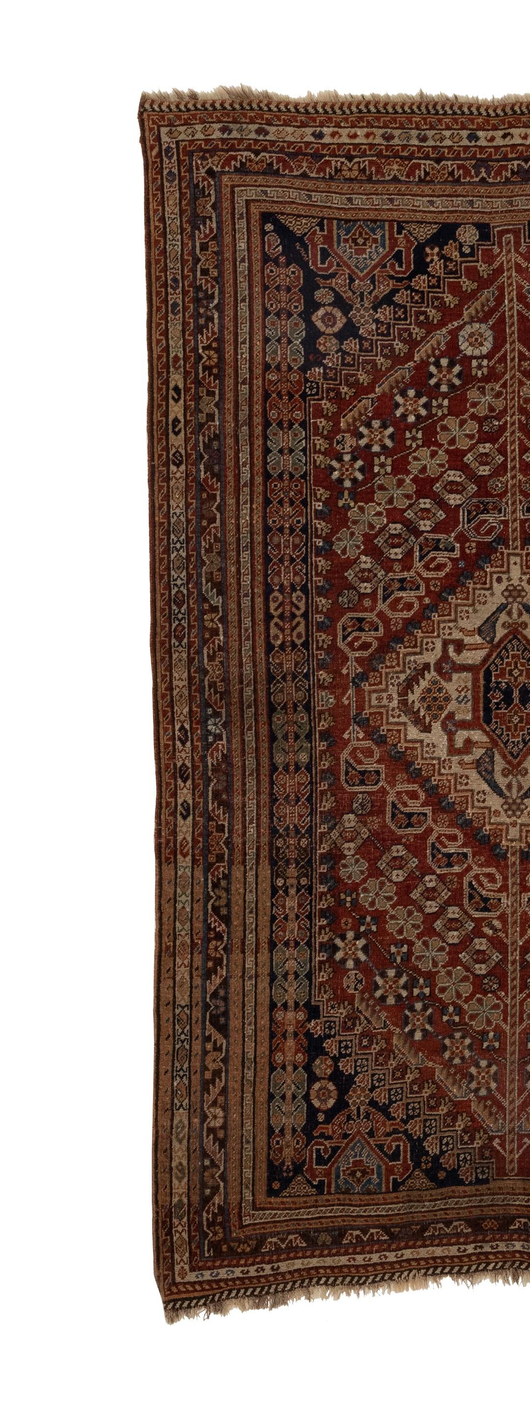 Hand-Knotted Antique Qashqai Tribal with Central Medallion Rug For Sale