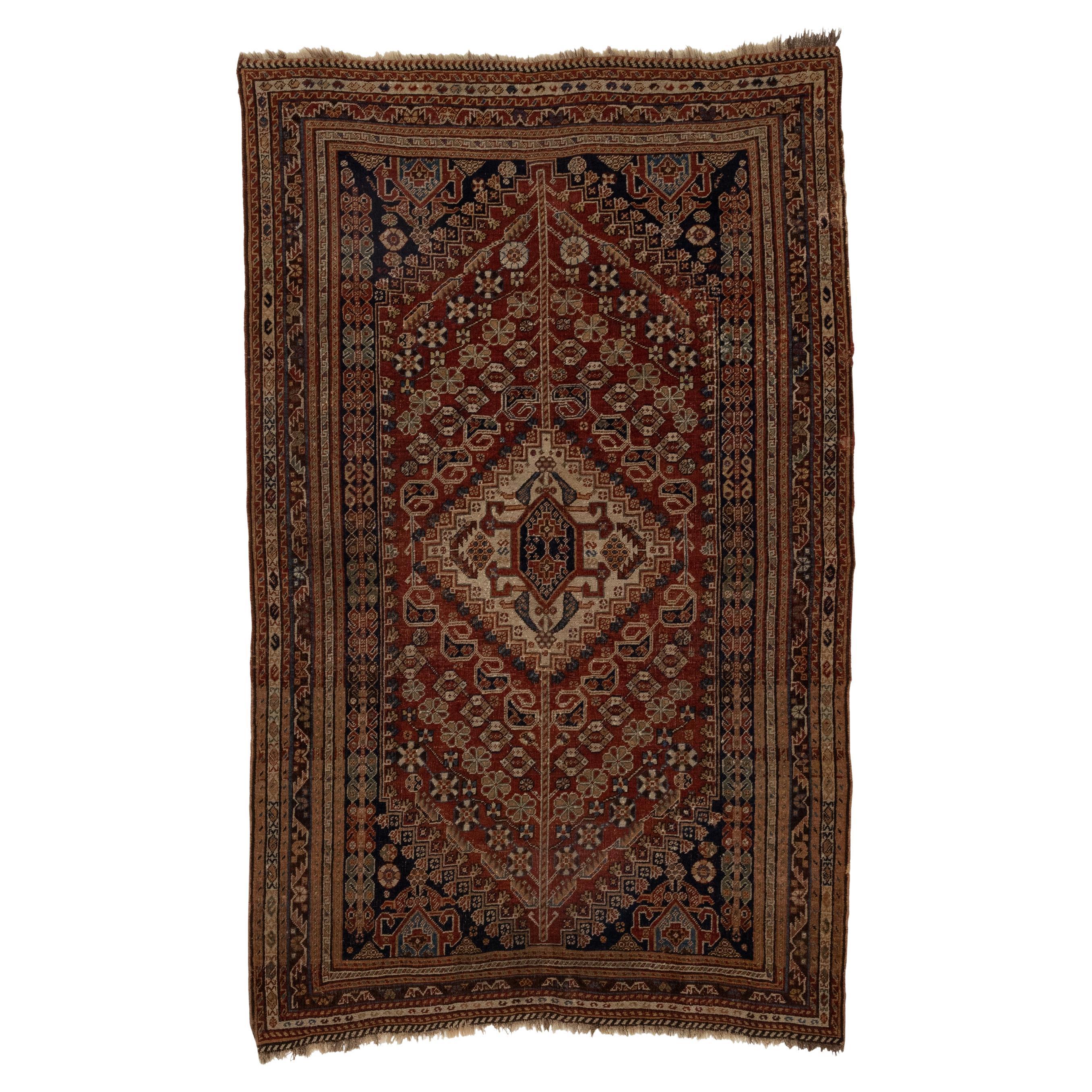 Antique Qashqai Tribal with Central Medallion Rug For Sale