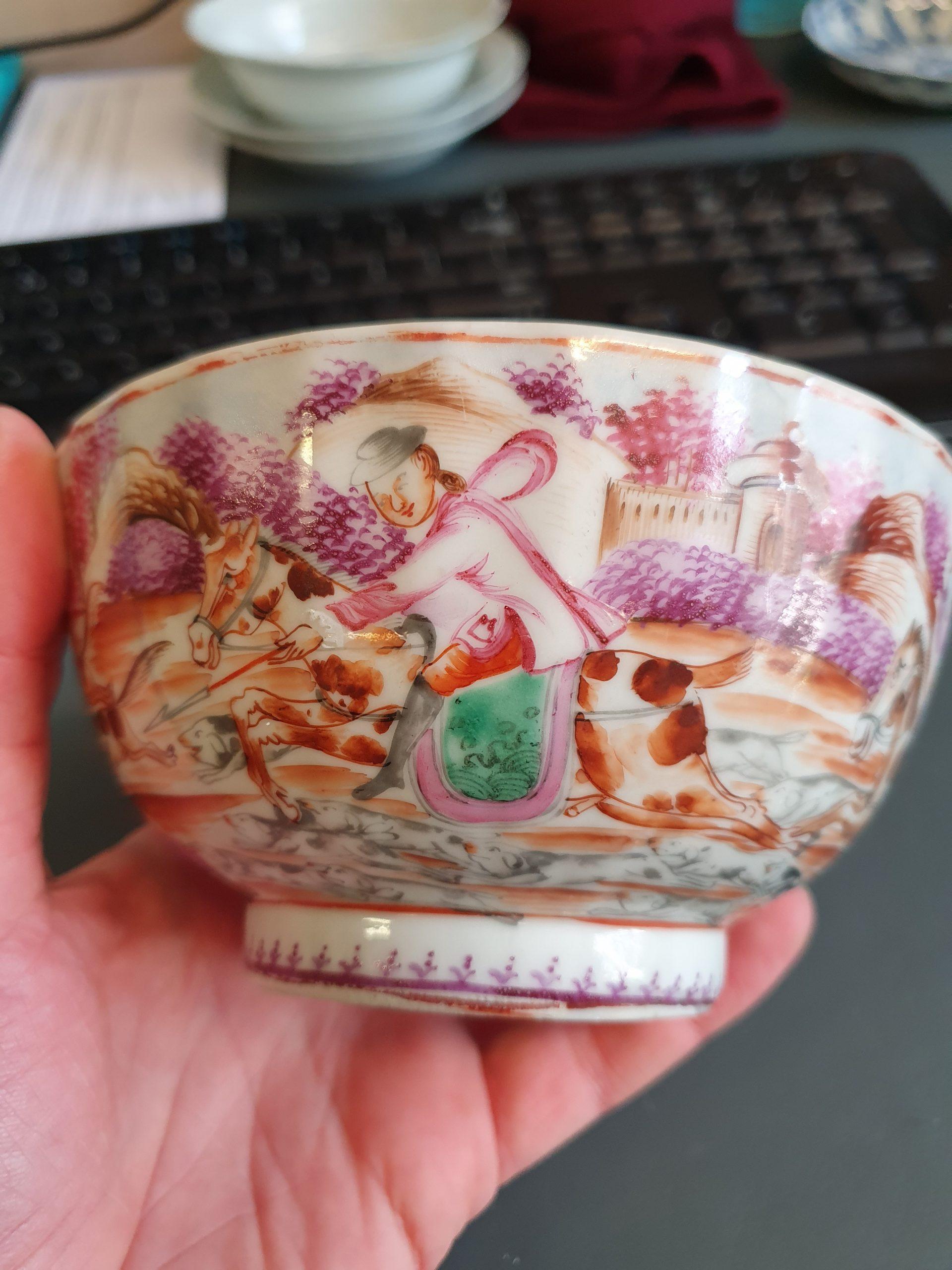 Antique Qianlong 18th Century Mandarin Rose Porcelain Bowl Chinese Hunting Scene 5