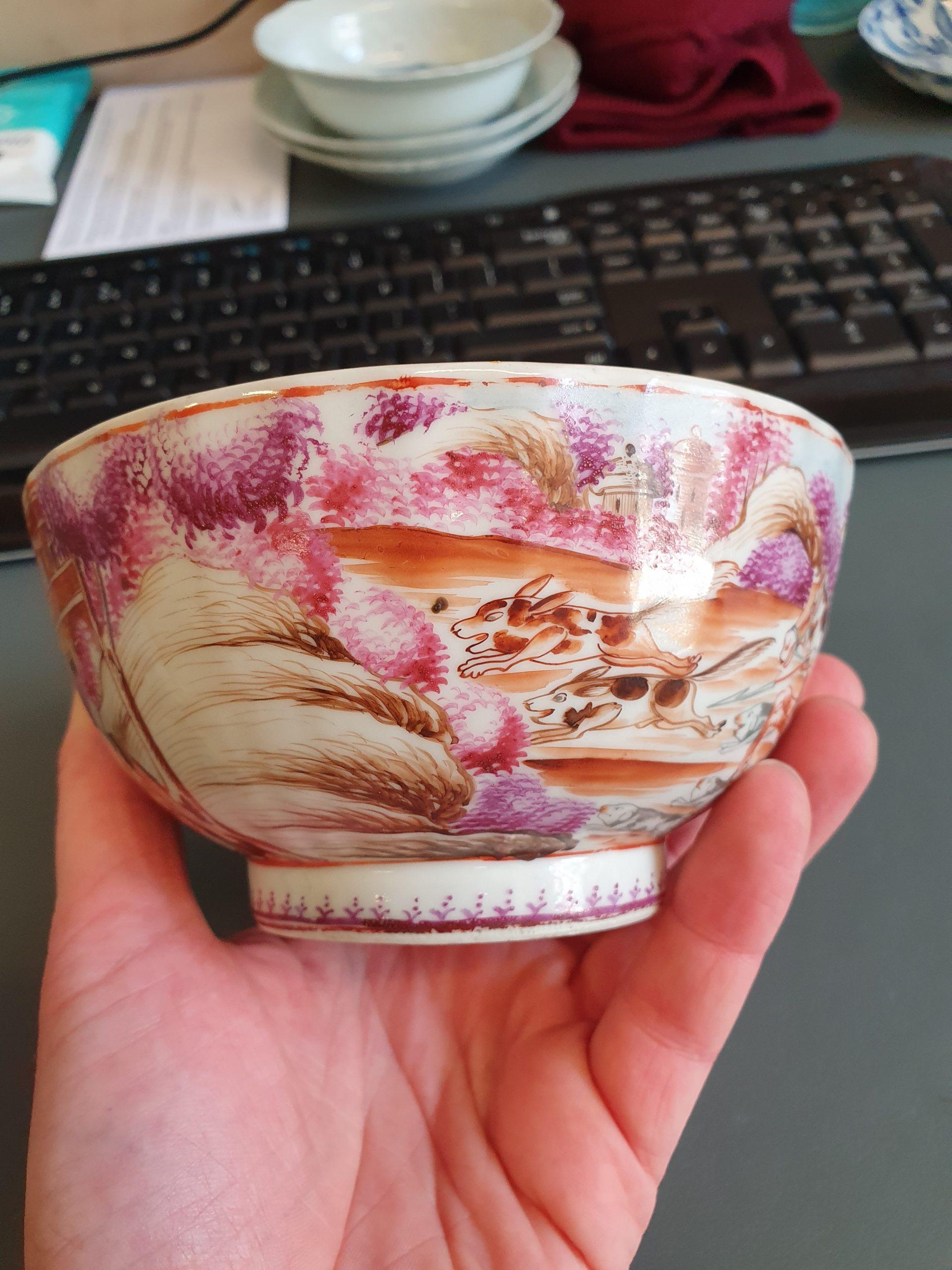 Antique Qianlong 18th Century Mandarin Rose Porcelain Bowl Chinese Hunting Scene 7