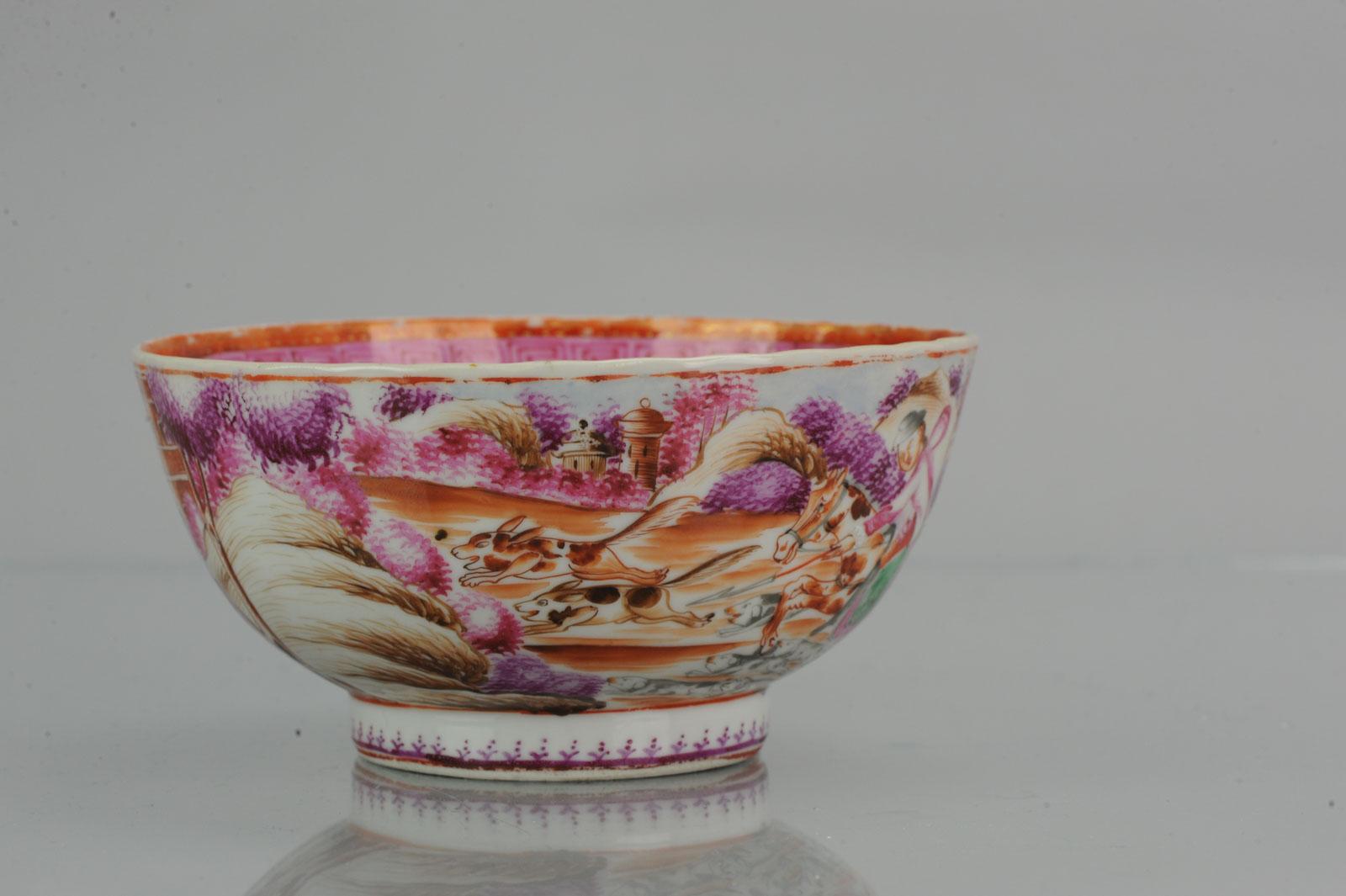 Antique Qianlong 18th Century Mandarin Rose Porcelain Bowl Chinese Hunting Scene In Good Condition In Amsterdam, Noord Holland