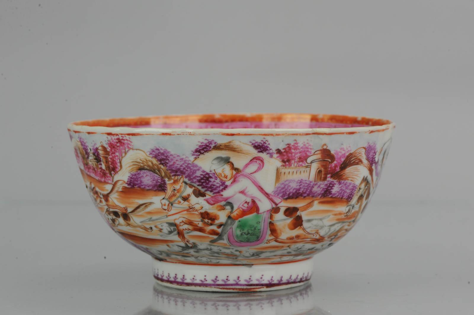 Antique Qianlong 18th Century Mandarin Rose Porcelain Bowl Chinese Hunting Scene 1