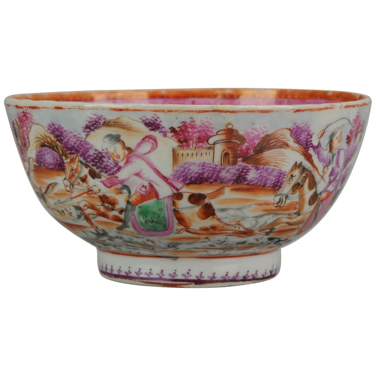 Antique Qianlong 18th Century Mandarin Rose Porcelain Bowl Chinese Hunting Scene