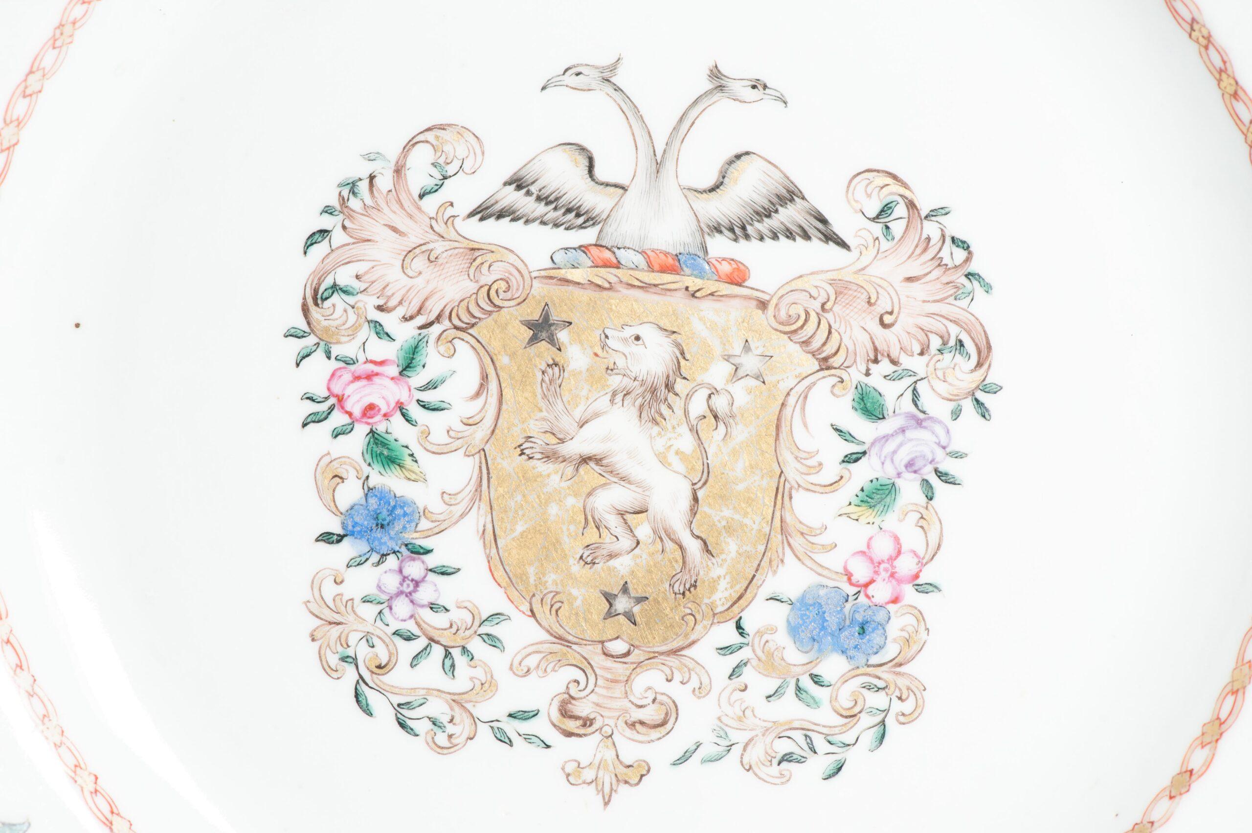 Very nice ca 1740 Qianlong period plate. Research Needed.

Additional information:
Material: Porcelain & Pottery
Region of Origin: China
Period: 18th century
Decoration Type / ColourArmorial
Condition: Restored section to rim, 1 hairline and some
