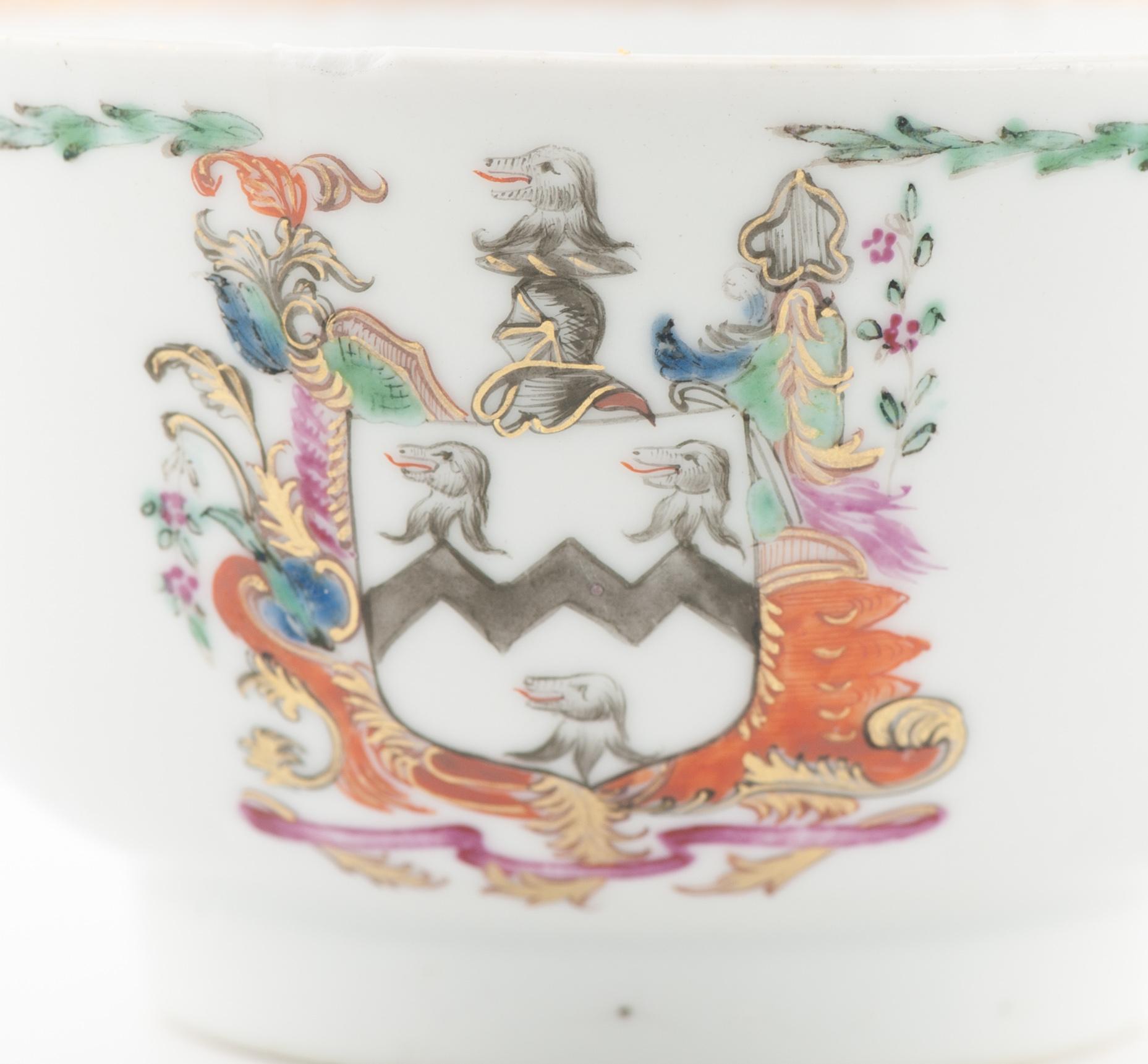 Very nice ca 1750-1760. Qianlong period. Research Needed.

Additional information:
Material: Porcelain & Pottery
Region of Origin: China
Period: 18th century
Decoration Type / Colour: Armorial
Condition: 1 chip, some frits and 2 lines.
Dimensions: