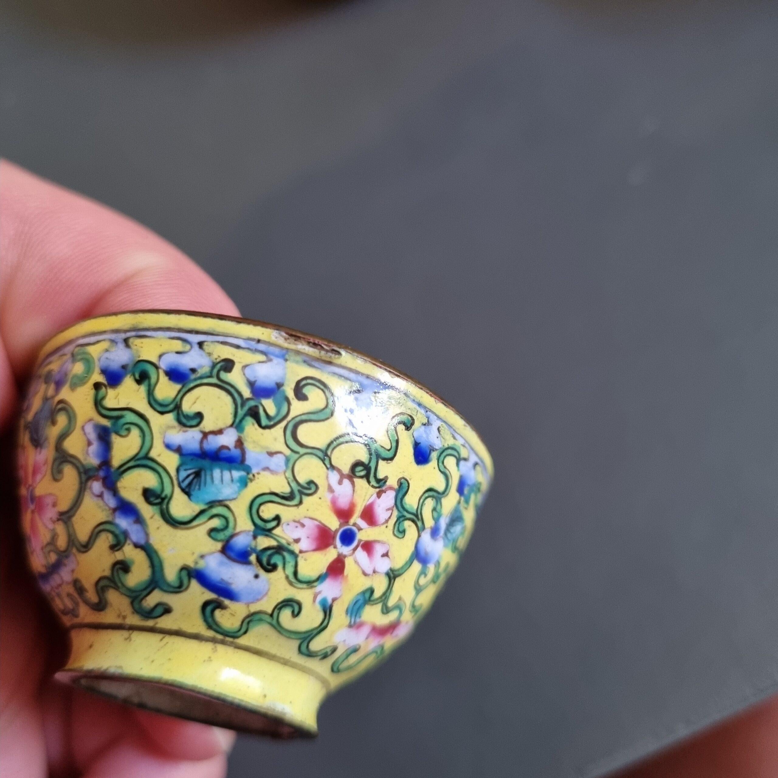 18th Century and Earlier Antique Qianlong Enamel Bronze Rice Wine Cups Bowls Flowers Chinese China, 18thC