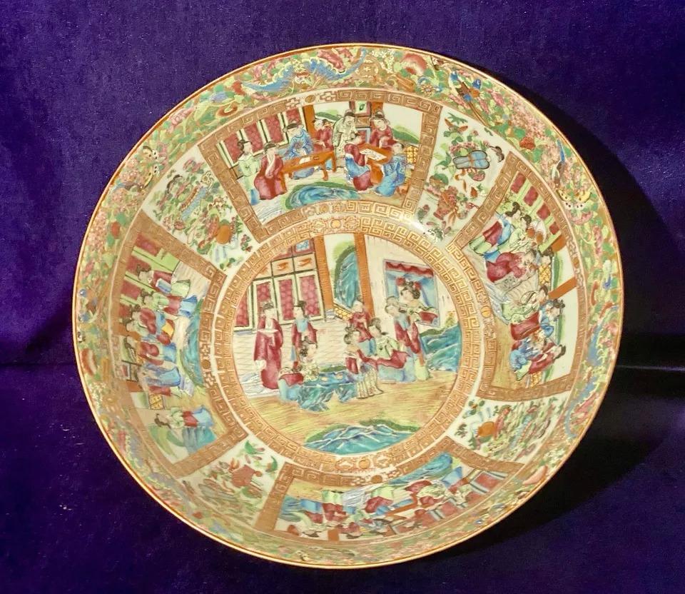 Antique Qing Chinese Export Rose Medallion Canton Porcelain Punch Bowl 15.5