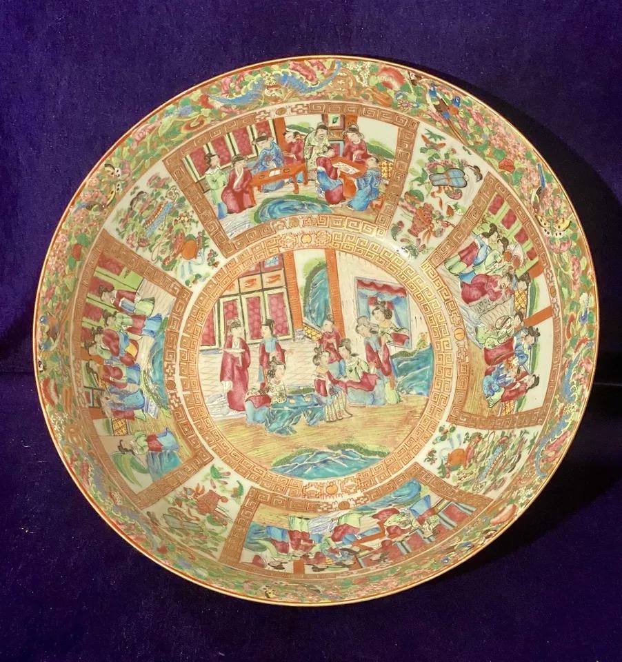 Antique Qing Chinese Export Rose Medallion Canton Porcelain Punch Bowl 15.5