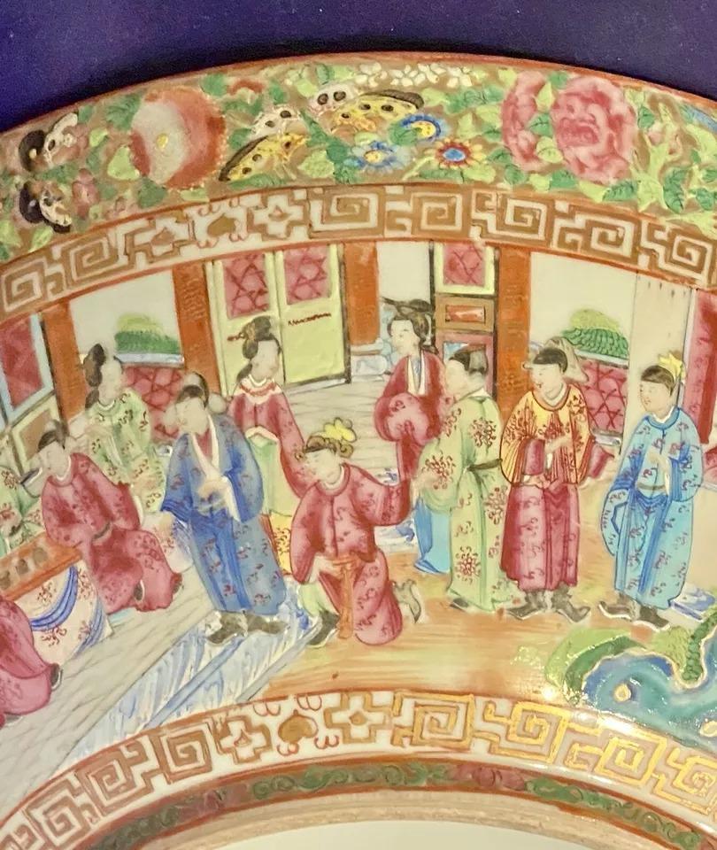 Antique Qing Chinese Export Rose Medallion Canton Porcelain Punch Bowl 15.5