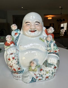 Antique Qing Chinese Famille Rose Porcelain Statue Laughing Buddha
