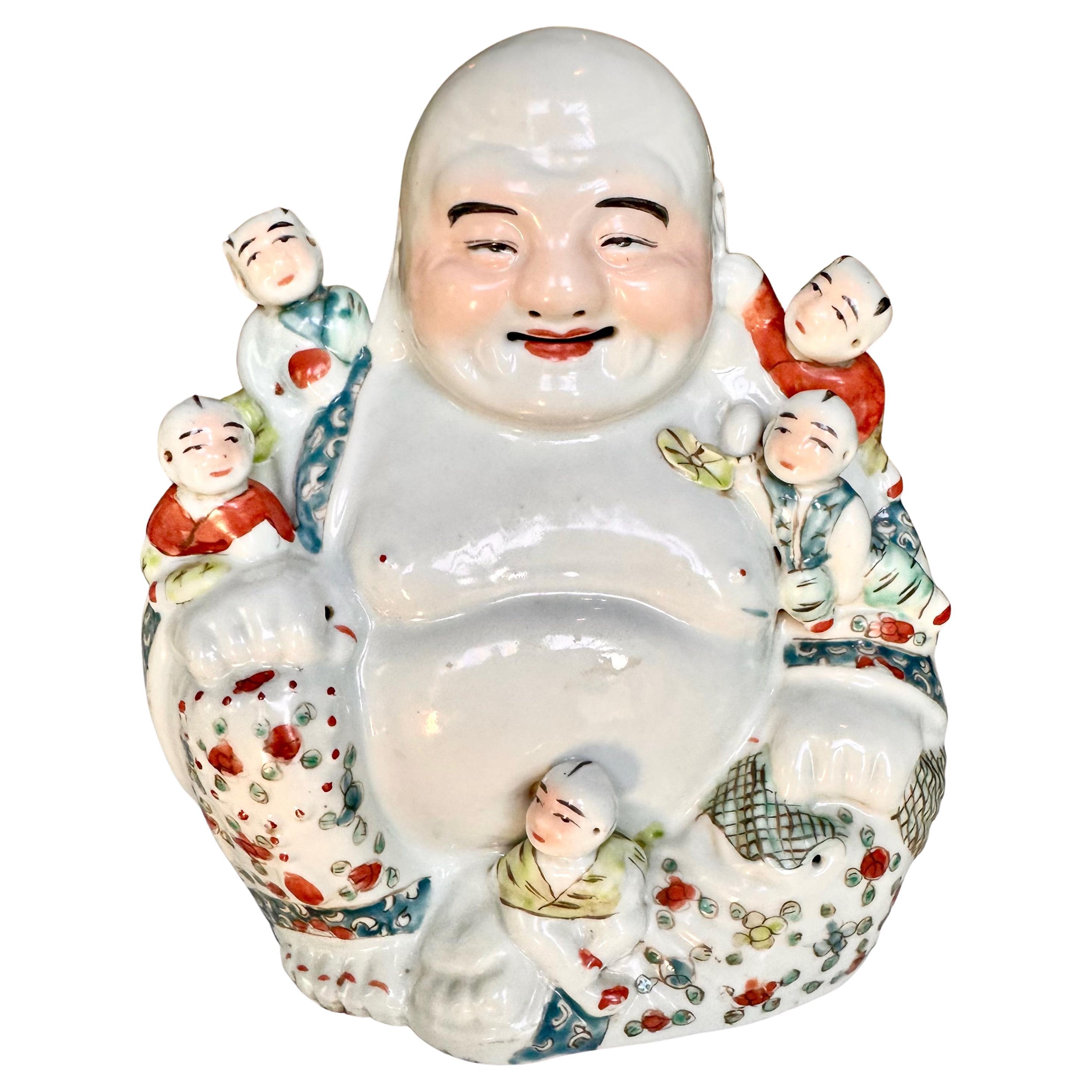 Antique Qing Chinese Famille Rose Porcelain Statue Laughing Buddha