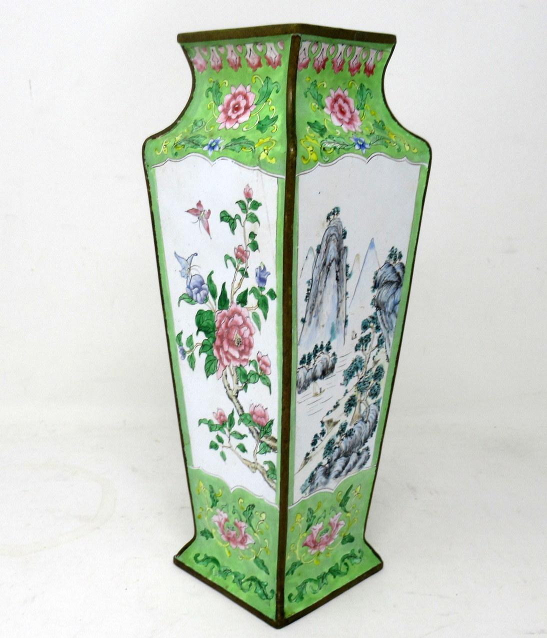 Antique Qing Dynasty Chinese Cantonese Enamel Table Lamp and Vase Yellow Green For Sale 5