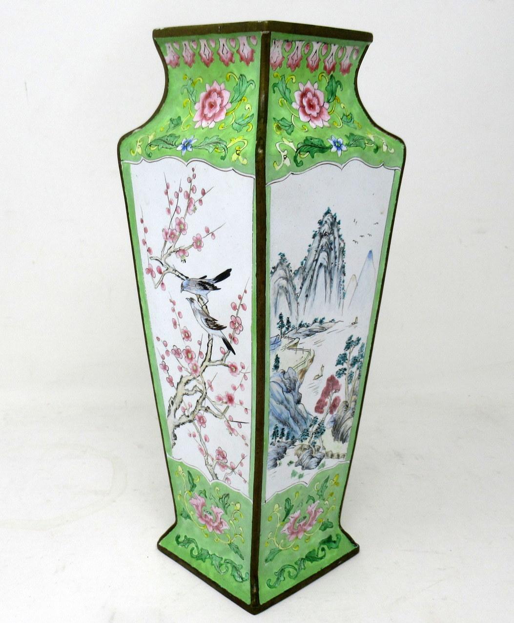 Antique Qing Dynasty Chinese Cantonese Enamel Table Lamp and Vase Yellow Green For Sale 6