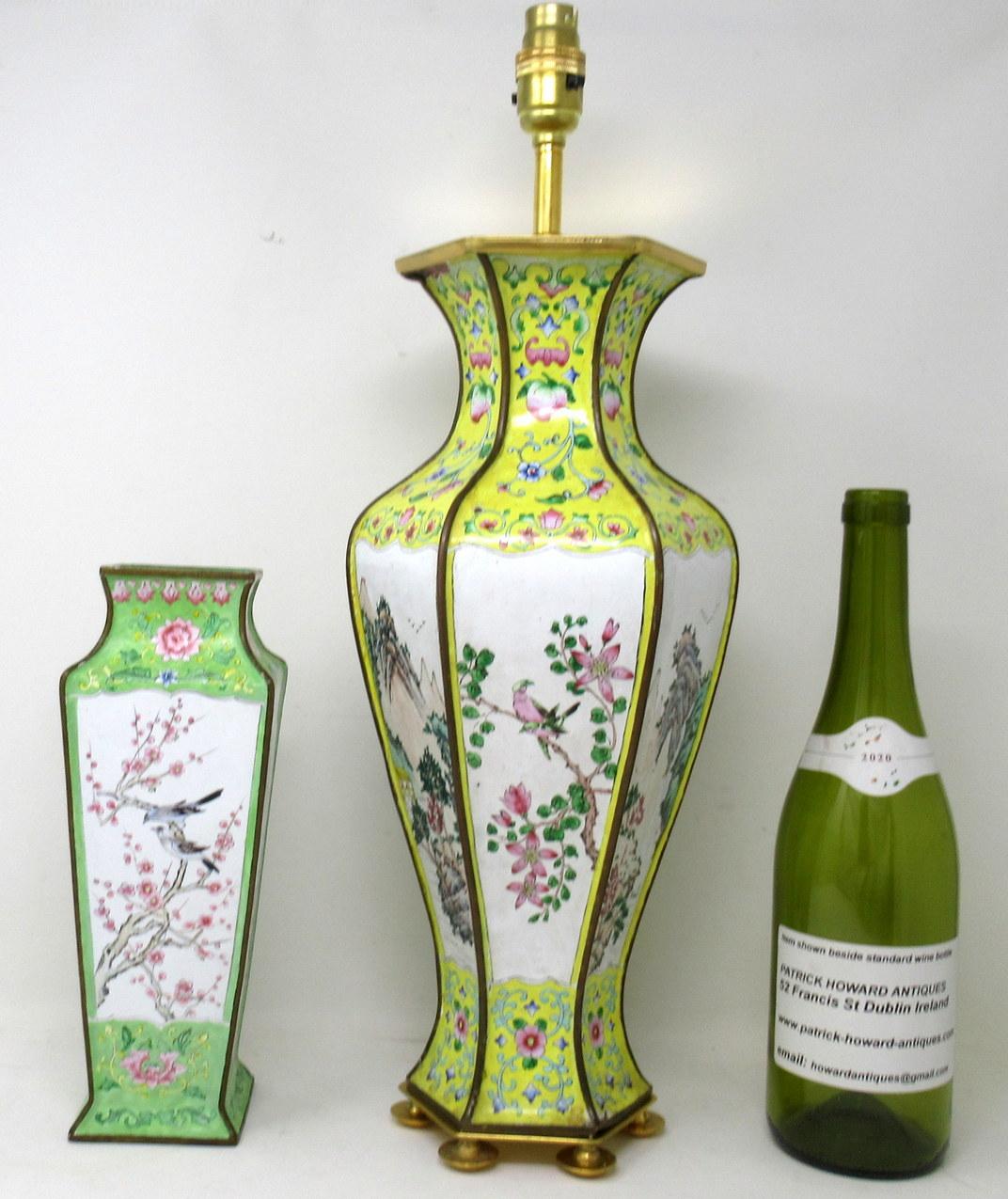 Antique Qing Dynasty Chinese Cantonese Enamel Table Lamp and Vase Yellow Green For Sale 9