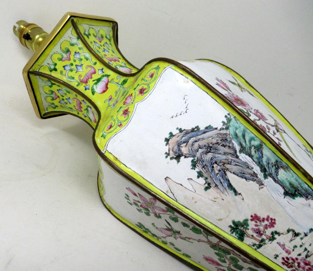 Antique Qing Dynasty Chinese Cantonese Enamel Table Lamp and Vase Yellow Green For Sale 1