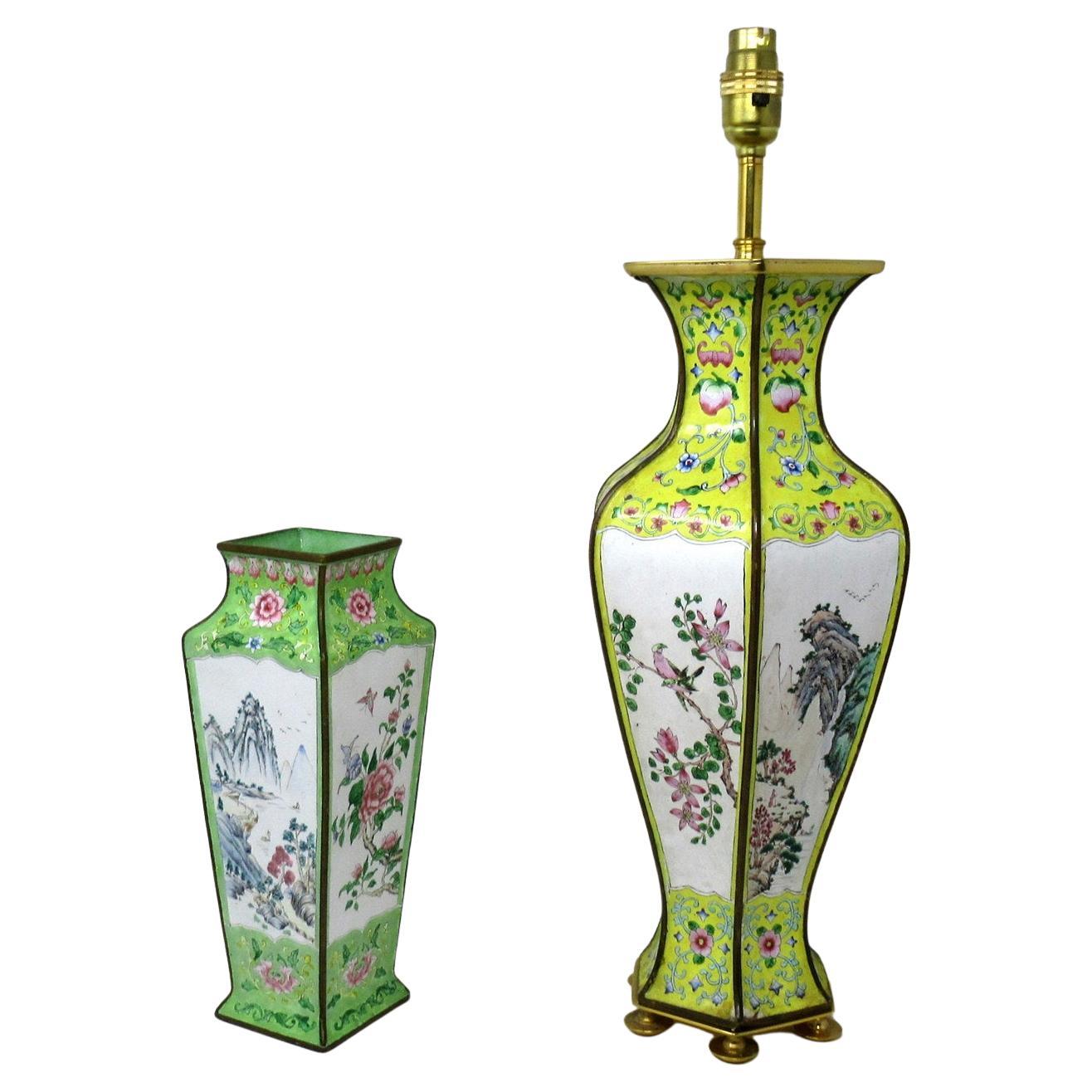 Antique Qing Dynasty Chinese Cantonese Enamel Table Lamp and Vase Yellow Green For Sale