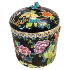Antique Chinese Qing Dynasty Porcelain Famille Noir Covered Jar