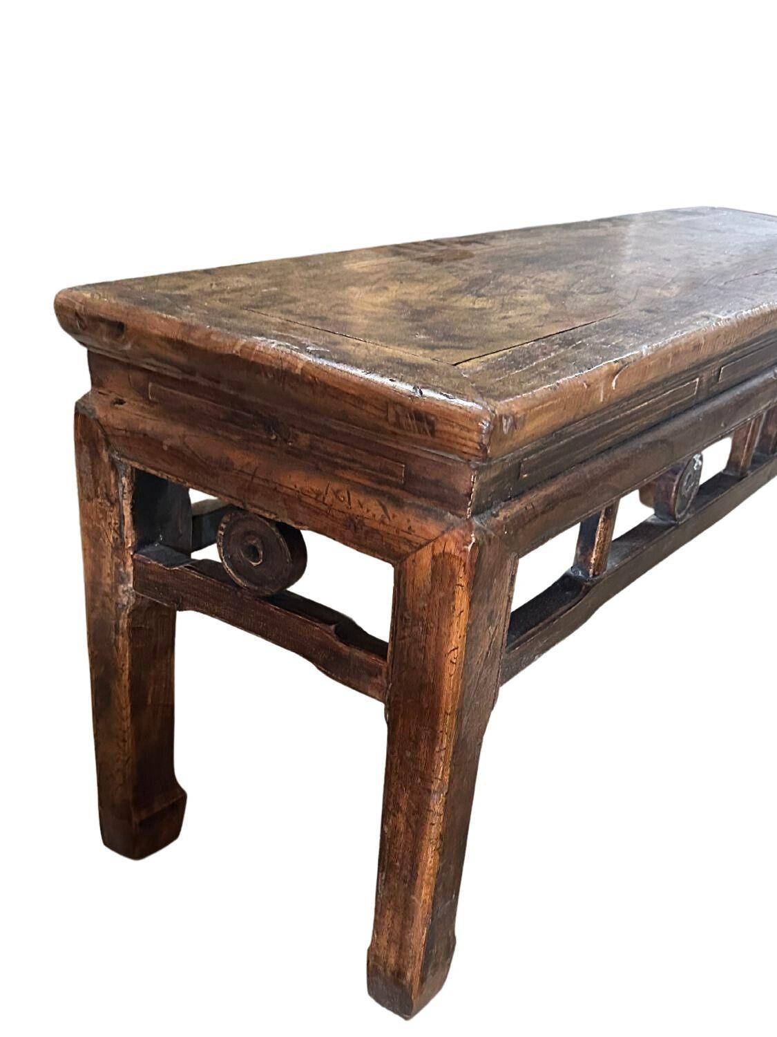 Hand-Carved Antique Qing Dynasty Elm Wood Bench For Sale