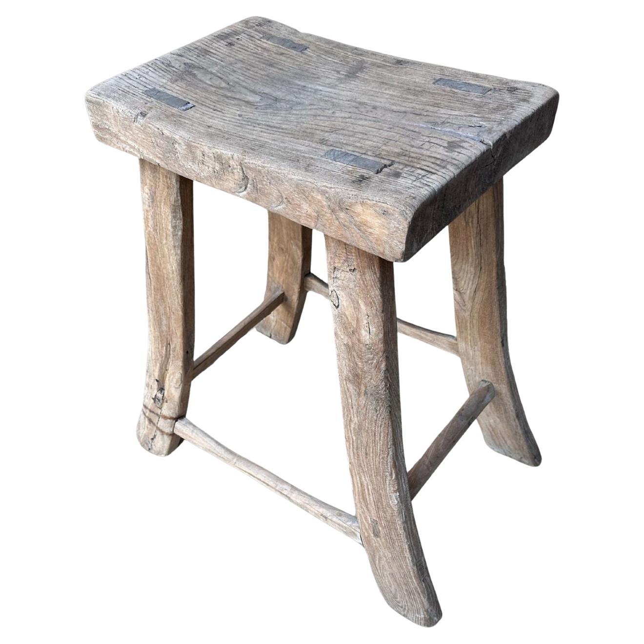 Antique Qing Dynasty Elm Wood Stool with Rich Patina