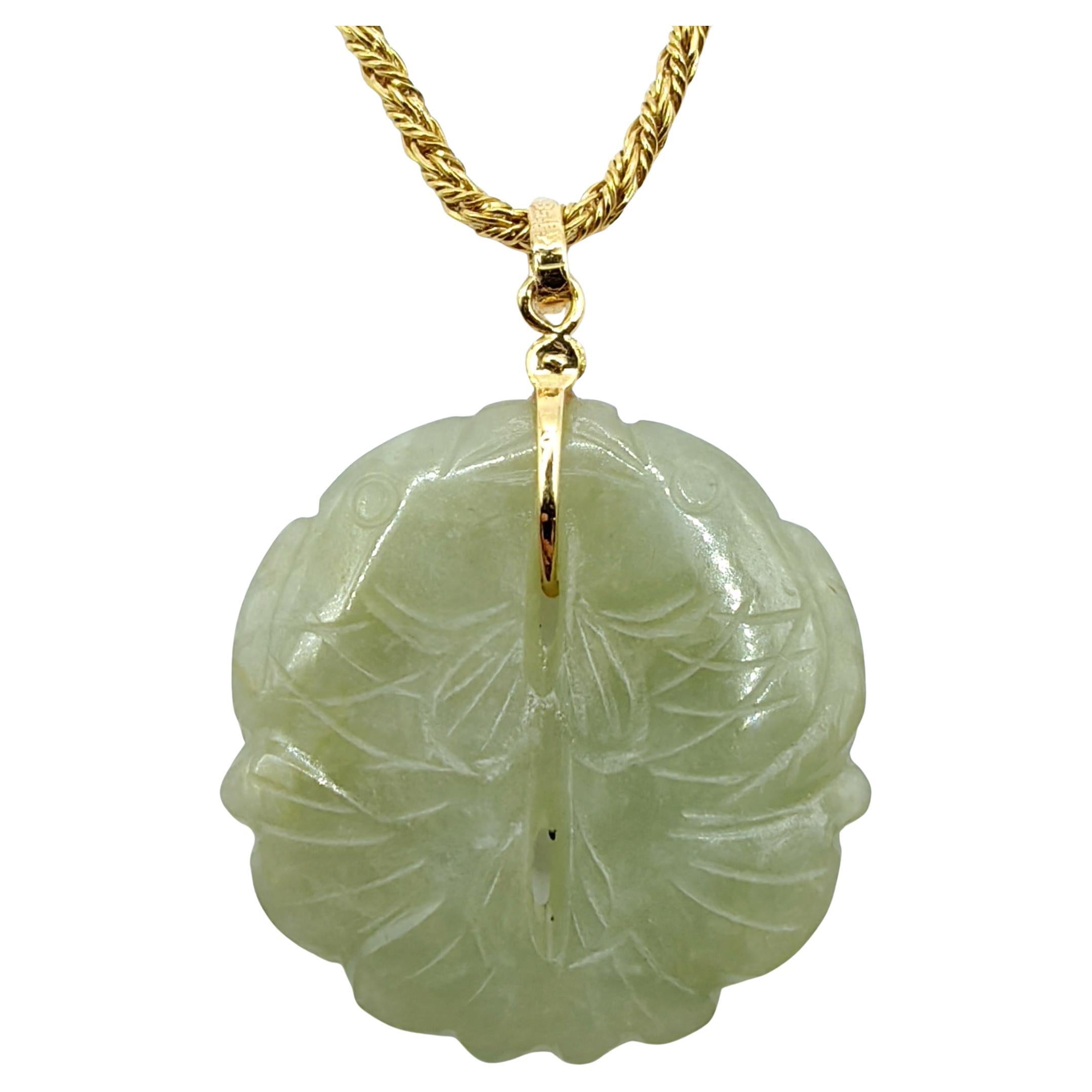 Antique Qing Dynasty 冬瓜囊 Jade Double Fish (Pisces) Pendant in 14K Yellow Gold